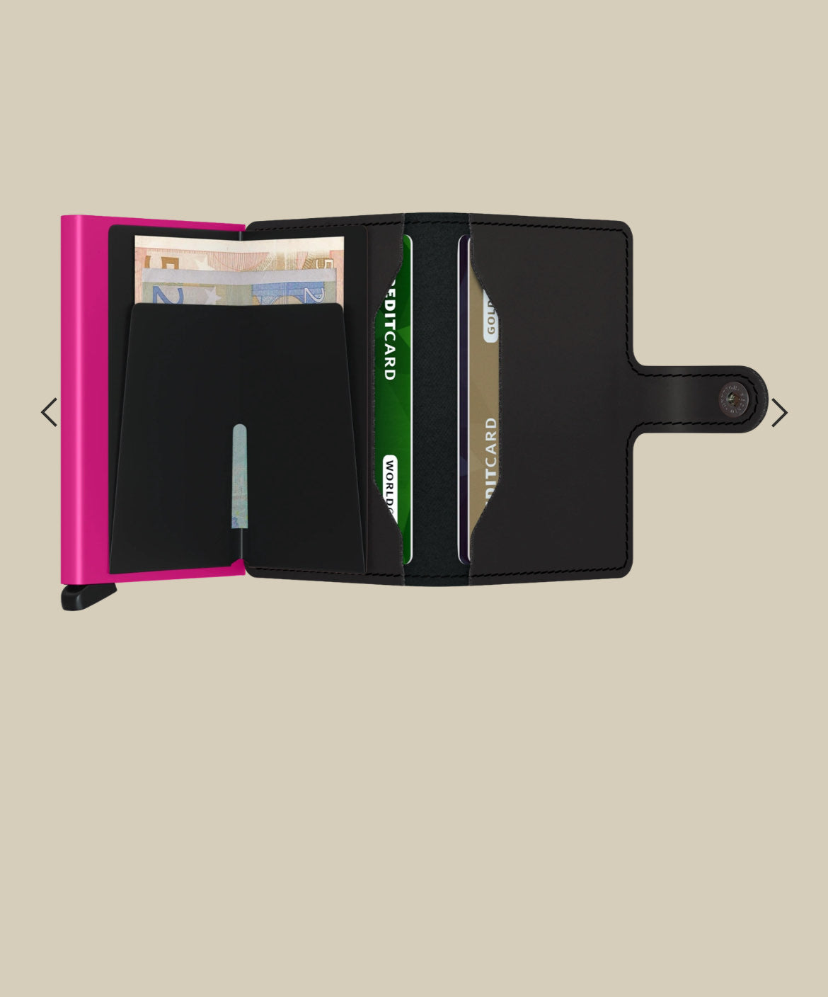 MINIWALLET PORTA CARTE E BANCONOTE IN MORBIDA PELLE OPACA CON CUCITURE IN CONTRASTO MM-BLACK&FUCHSIA