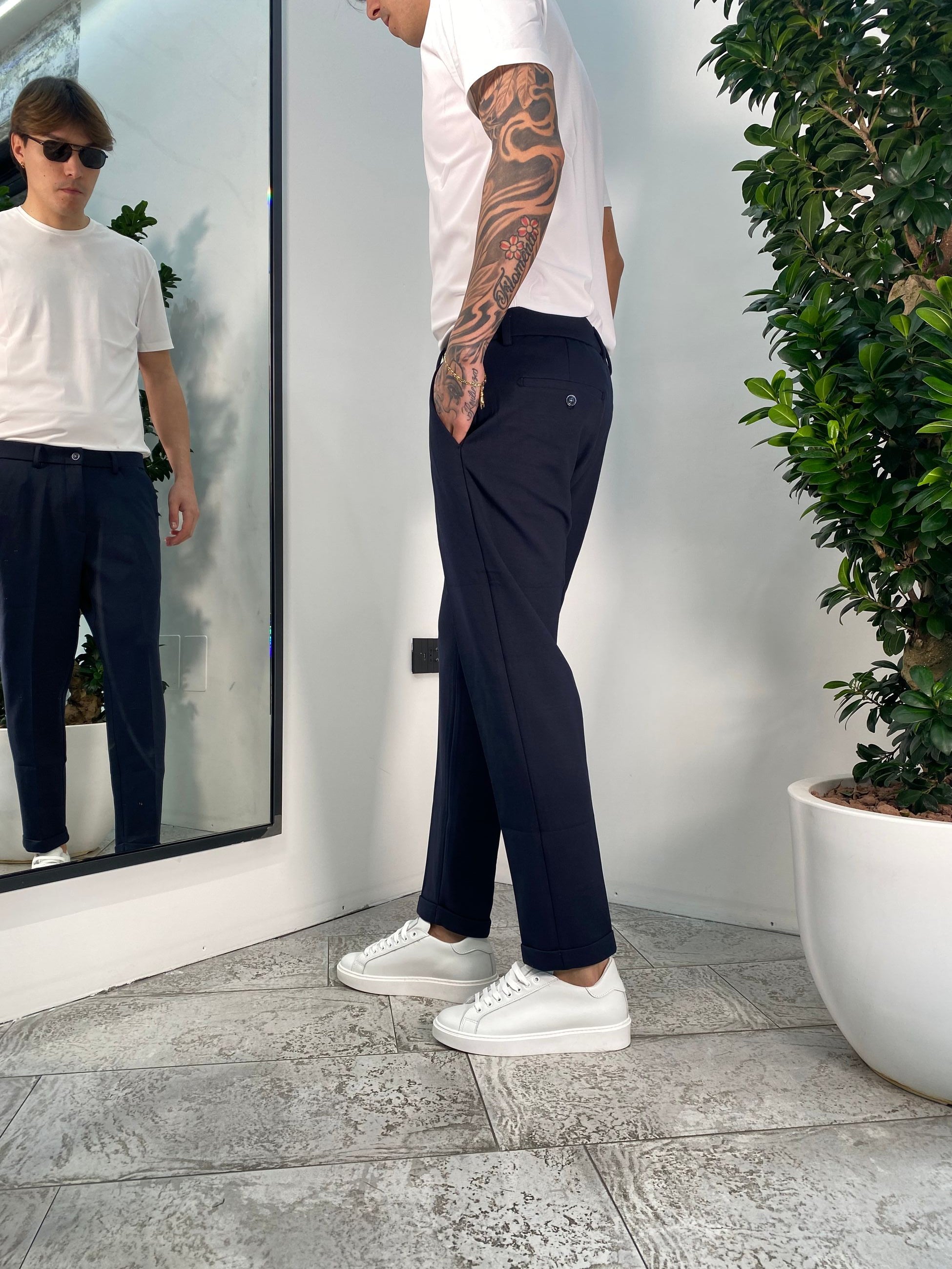 PANTALONI IN PUNTO MILANO ELASTICIZZATO CON COULISSE IN VITA - REGULAR FIT GL5165BD.BLU