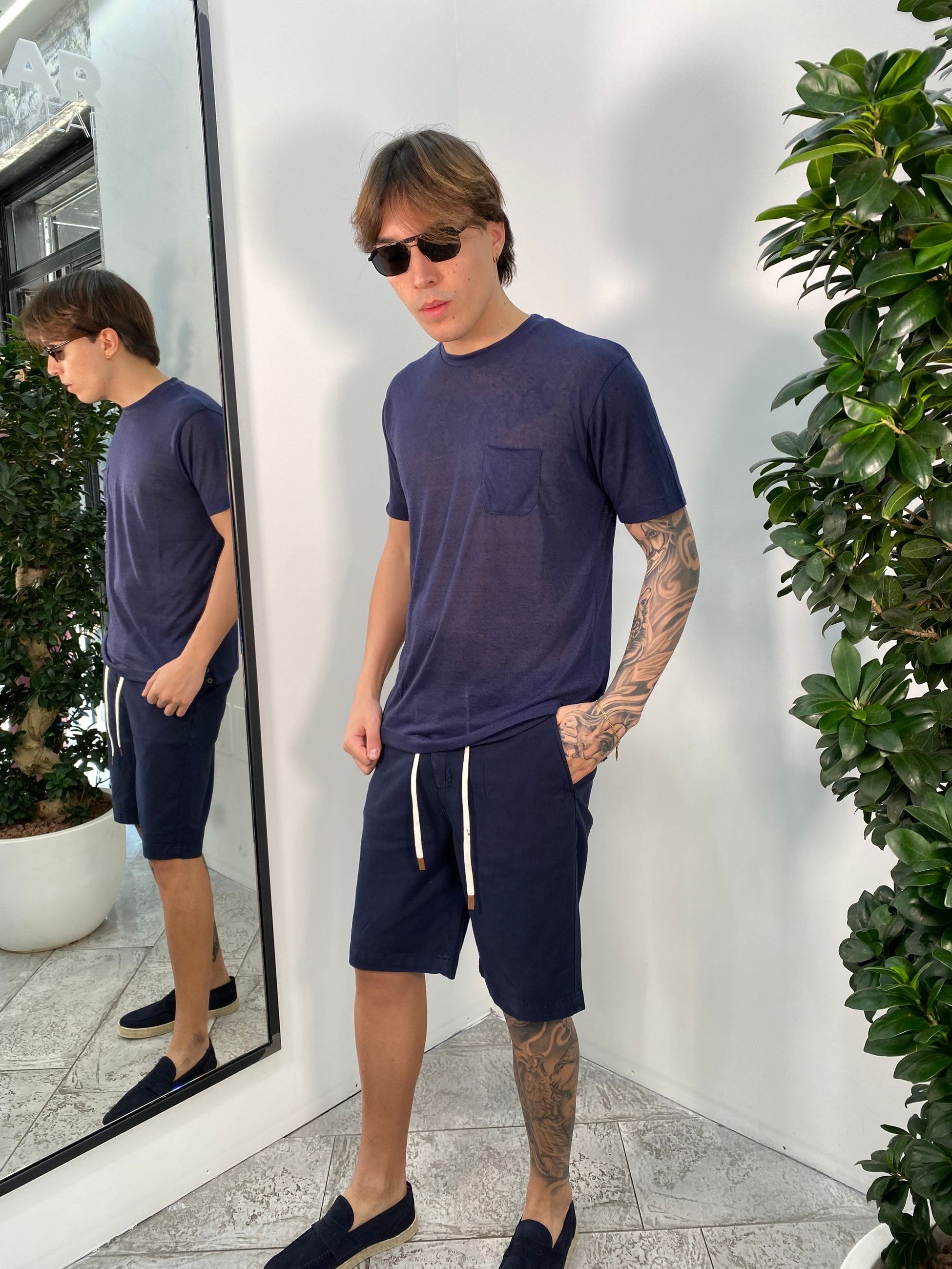 T-SHIRT IN MISTO LINO EFFETTO PUNTINATO CON TASCHINO - REGULAR FIT TE2956SS.BLU