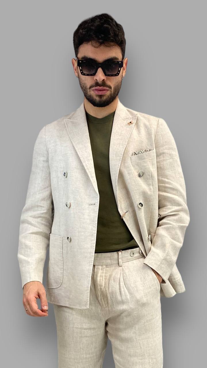 GIACCA DOPPIOPETTO IN 100% LINO DA ABITO CON COLLO REVERS, SPILLA ALL'