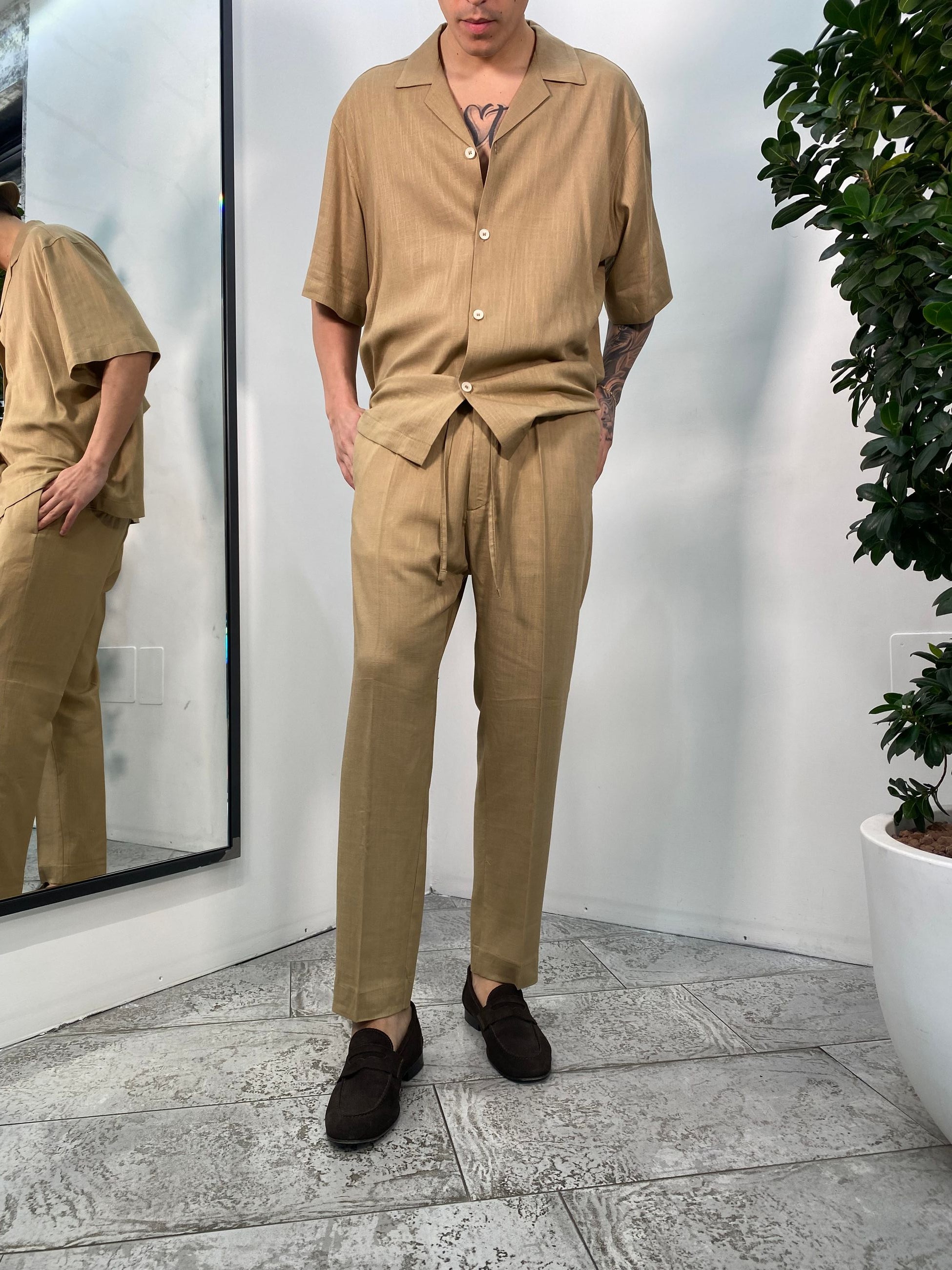 PANTALACCIO FONDO REGOLARE IN MISTO LINO EFFETTO FIAMMATO - REGULAR FIT PA3248.BEI