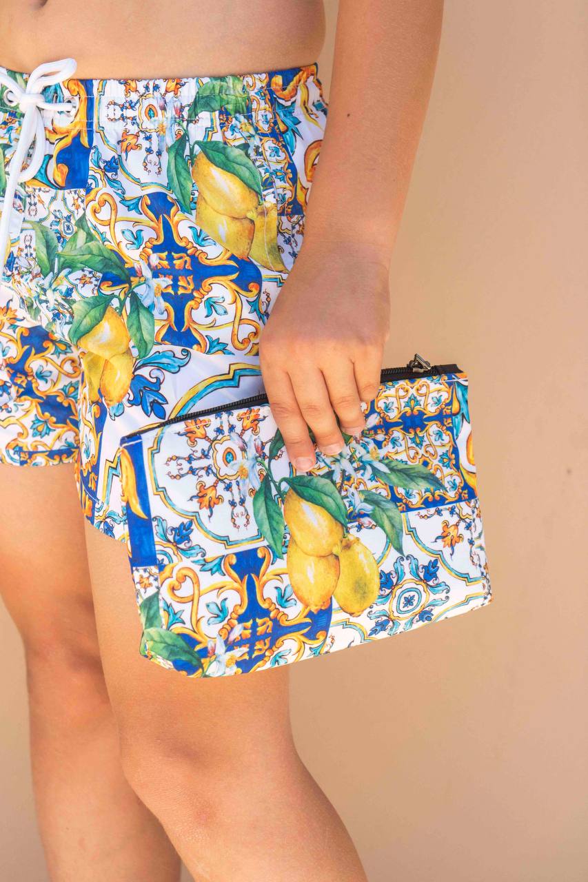 POCHETTE DA MARE PICCOLA FANTASIA MAIOLICA CAPRESE E LIMONI