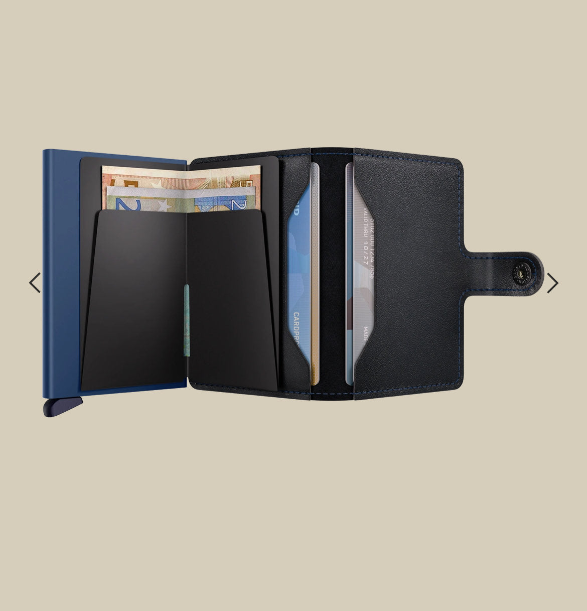 MINIWALLET PORTA CARTE E BANCONOTE IN MORBIDA PELLE LISCIA E LUCIDA CON CUCITURE IN CONTRASTO M-BLACK-NAVY