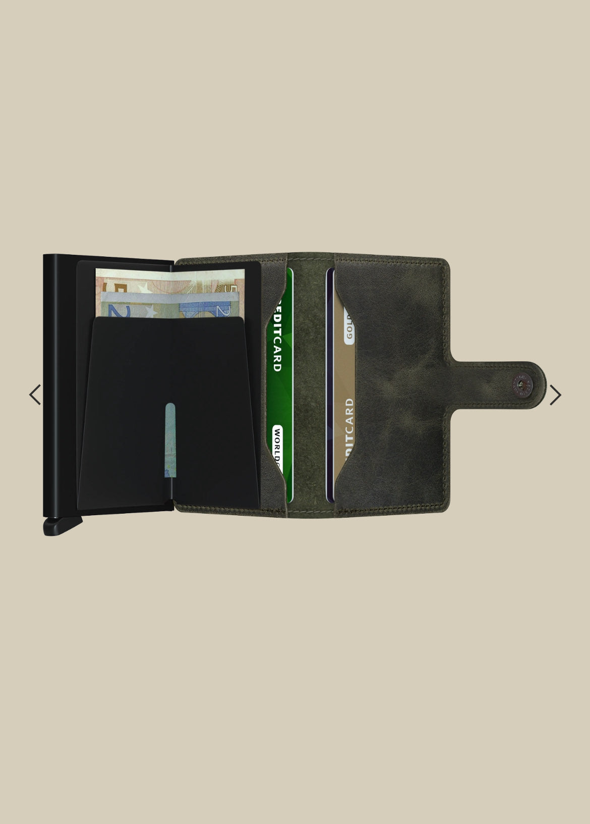 MINIWALLET PORTA CARTE E BANCONOTE IN MORBIDA PELLE VINTAGE CON CUCITURE IN CONTRASTO MV-OLIVE-BLACK