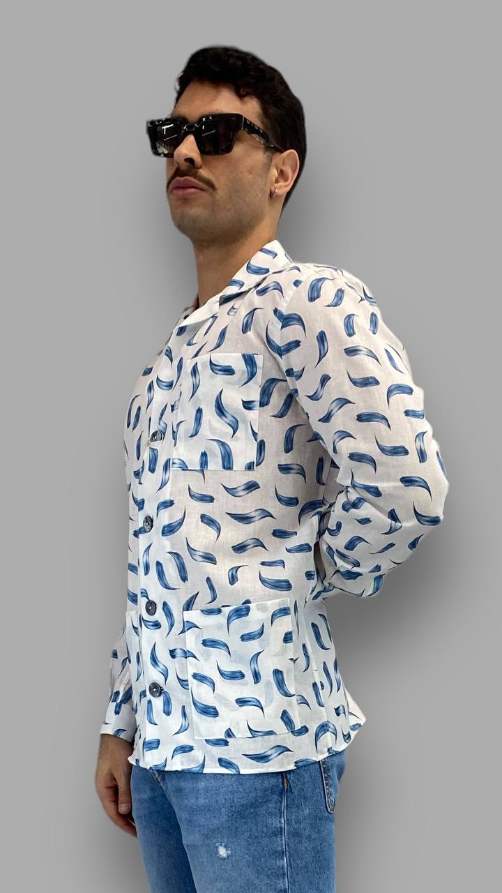 GIACCA CAMICIA IN 100% LINO FANTASIA CON BOTTONI EFFETTO LEGNO - REGULAR FIT