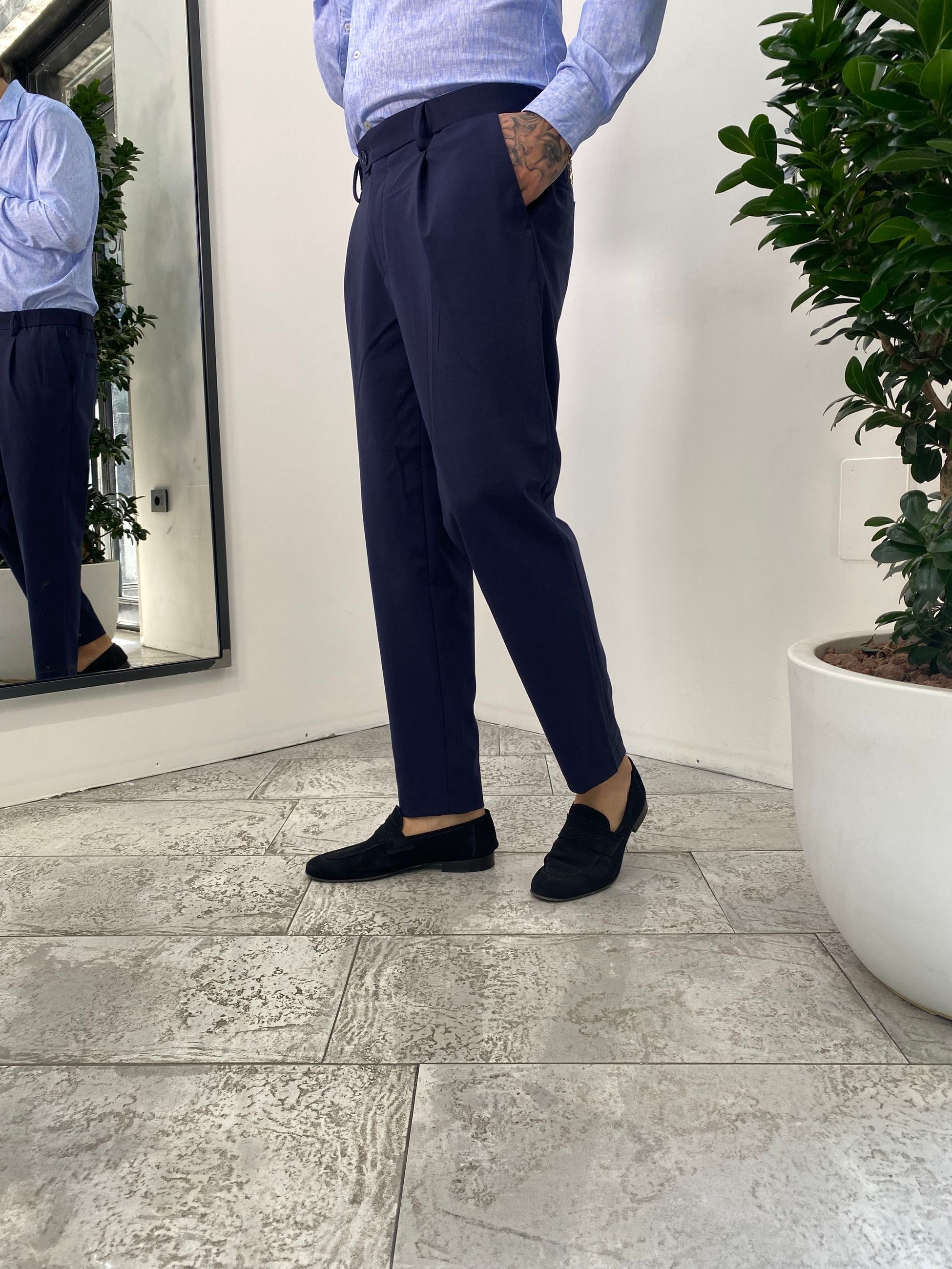PANTALONE DA ABITO IN TESSUTO PUNTO MILANO ELASTICIZZATO CON COULISSE IN VITA - REGULAR FIT PSE1399SS.BLU