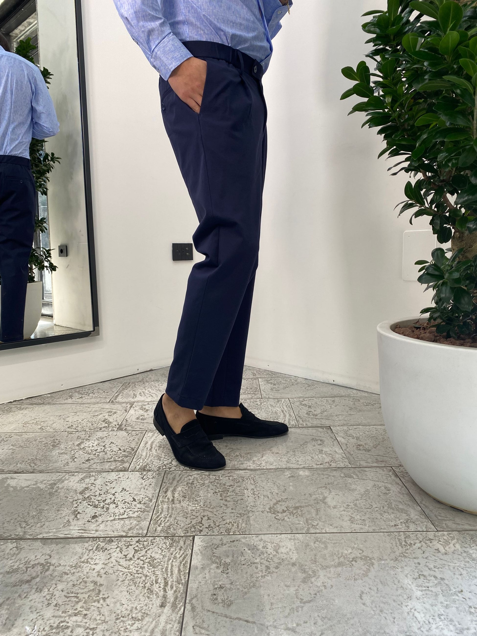 PANTALONE DA ABITO IN TESSUTO PUNTO MILANO ELASTICIZZATO CON COULISSE IN VITA - REGULAR FIT PSE1399SS.BLU
