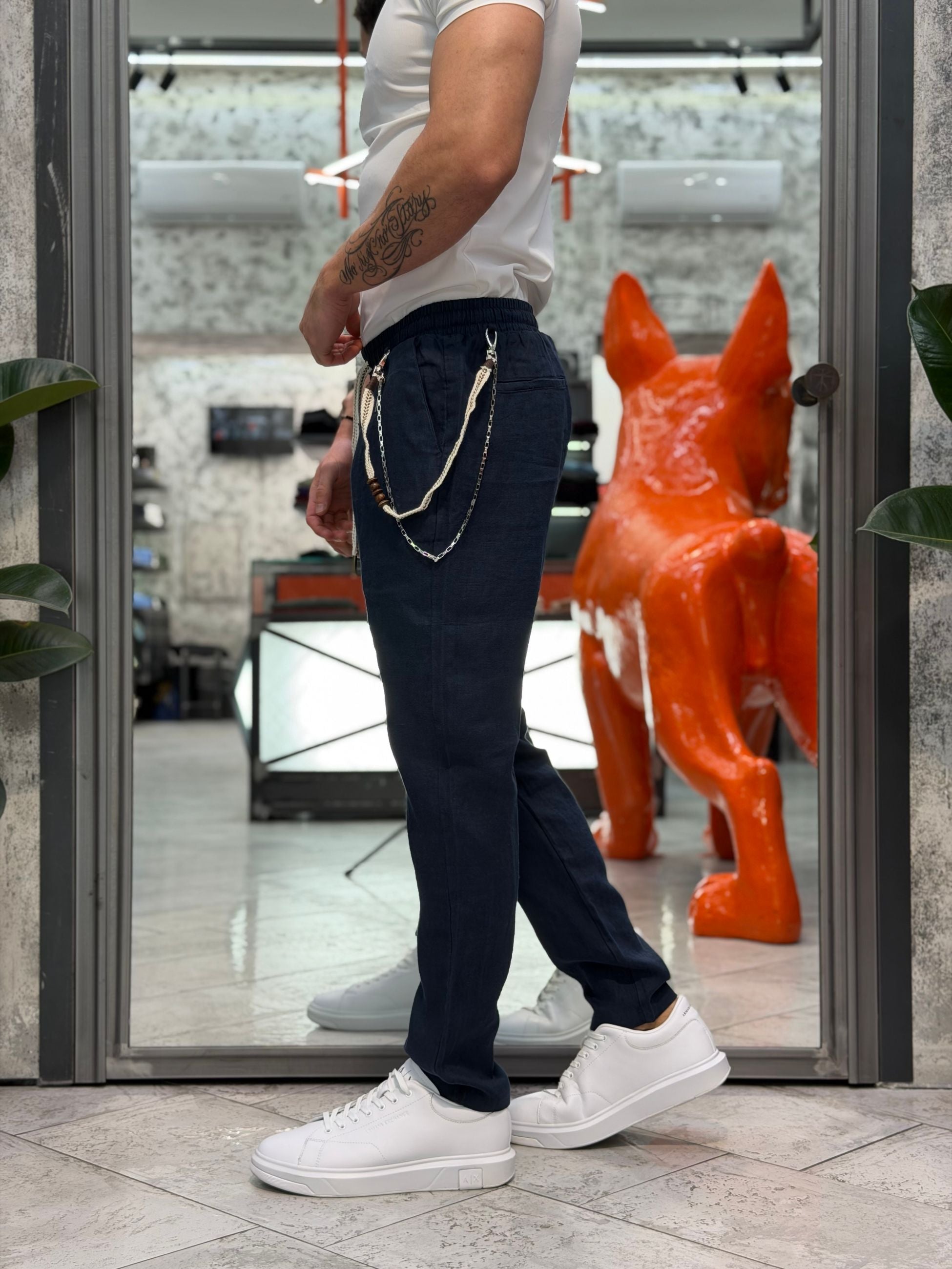 PANTALACCIO IN 100% LINO CON ACCESSORIO CATENA REMOVIBILE - REGULAR FIT FJ3270-S26.BLU