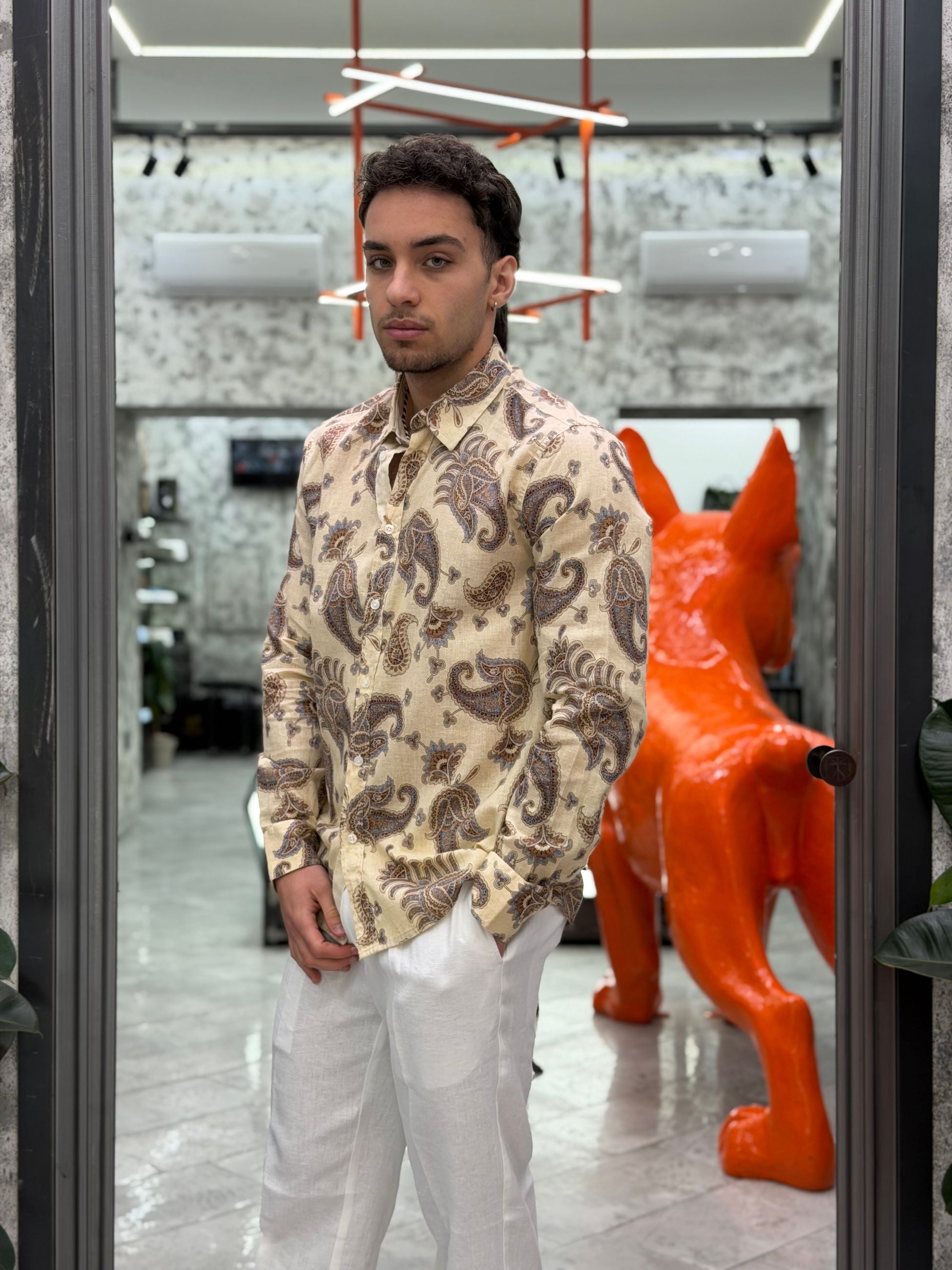 CAMICIA MANICA LUNGA COLLO ALL'ITALIANA IN MISTO LINO FANTASIA PAISLEY - REGULAR FIT CE1092SS.BEI