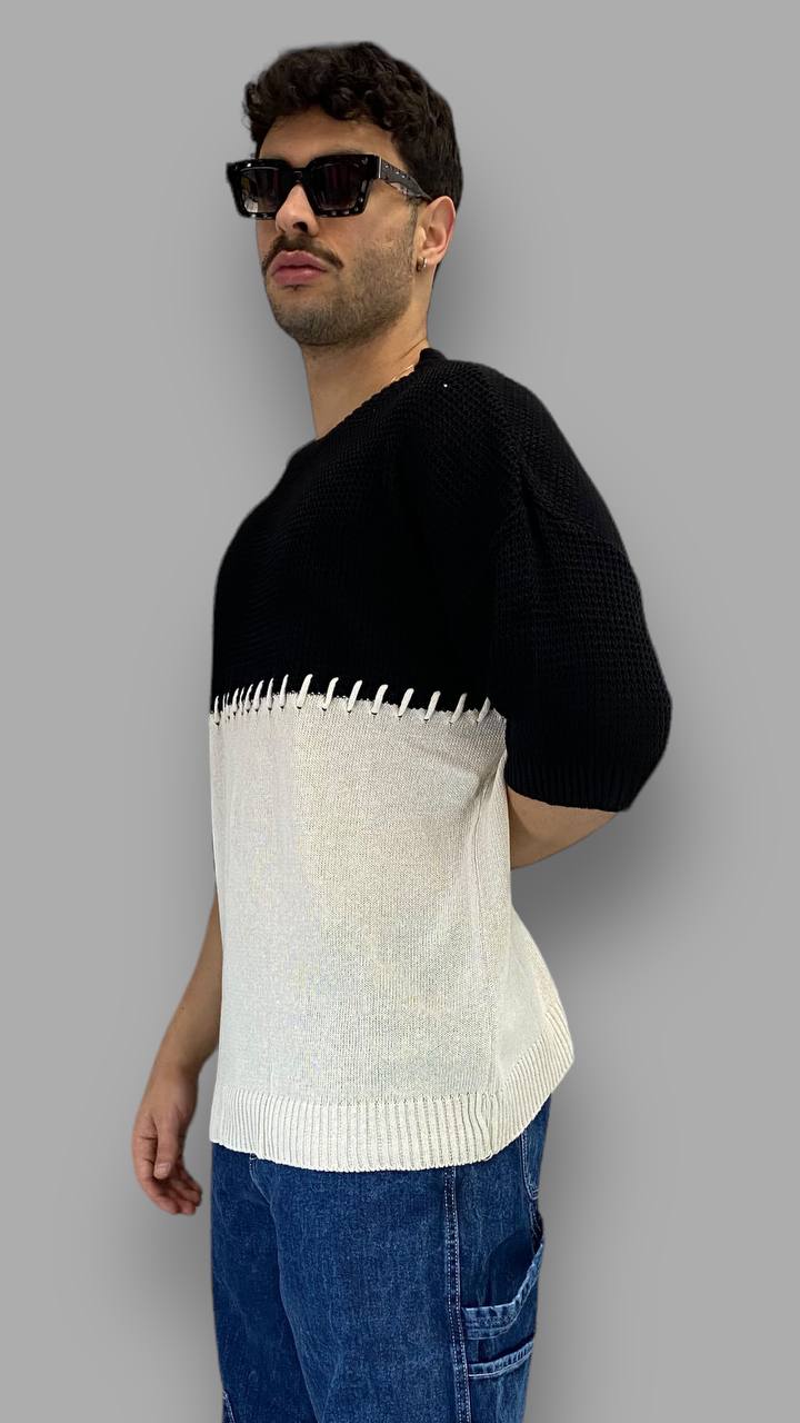 T-SHIRT IN FILO BICOLOR CON RICAMO CENTRALE - OVERSIZE FIT