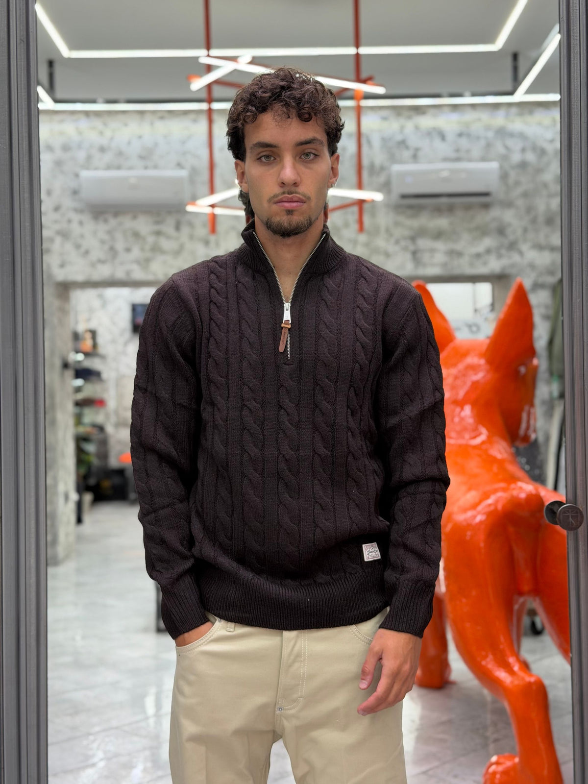 MAGLIA COLLO ALTO MEZZA ZIP IN MISTO LANA CON TRAMA TRECCIA - REGULAR FIT GL35632.COF