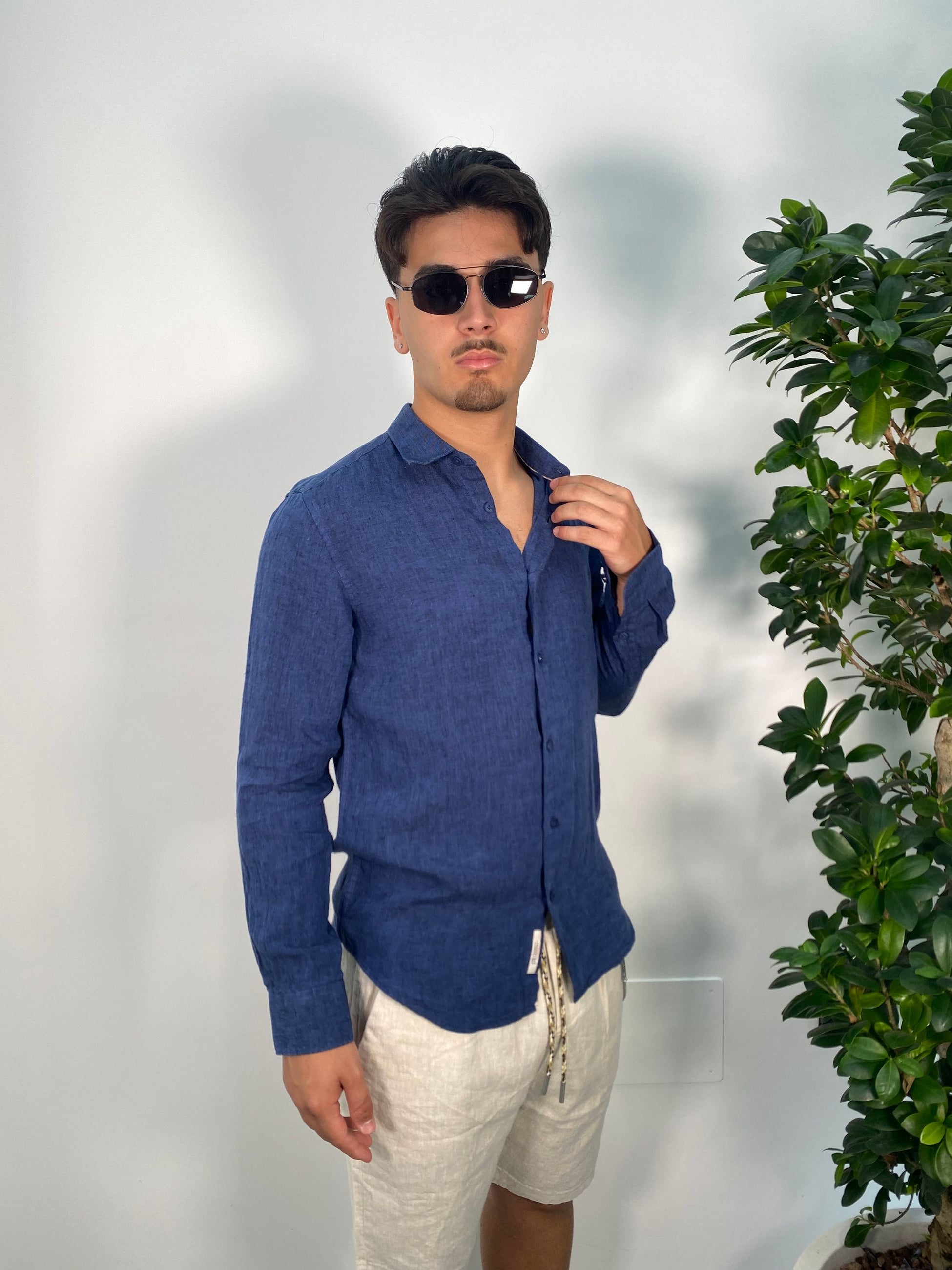 CAMICIA IN LINO FIAMMATO COLLO ALL'ITALIANA - REGULAR FIT GL7732S-S25.BLU