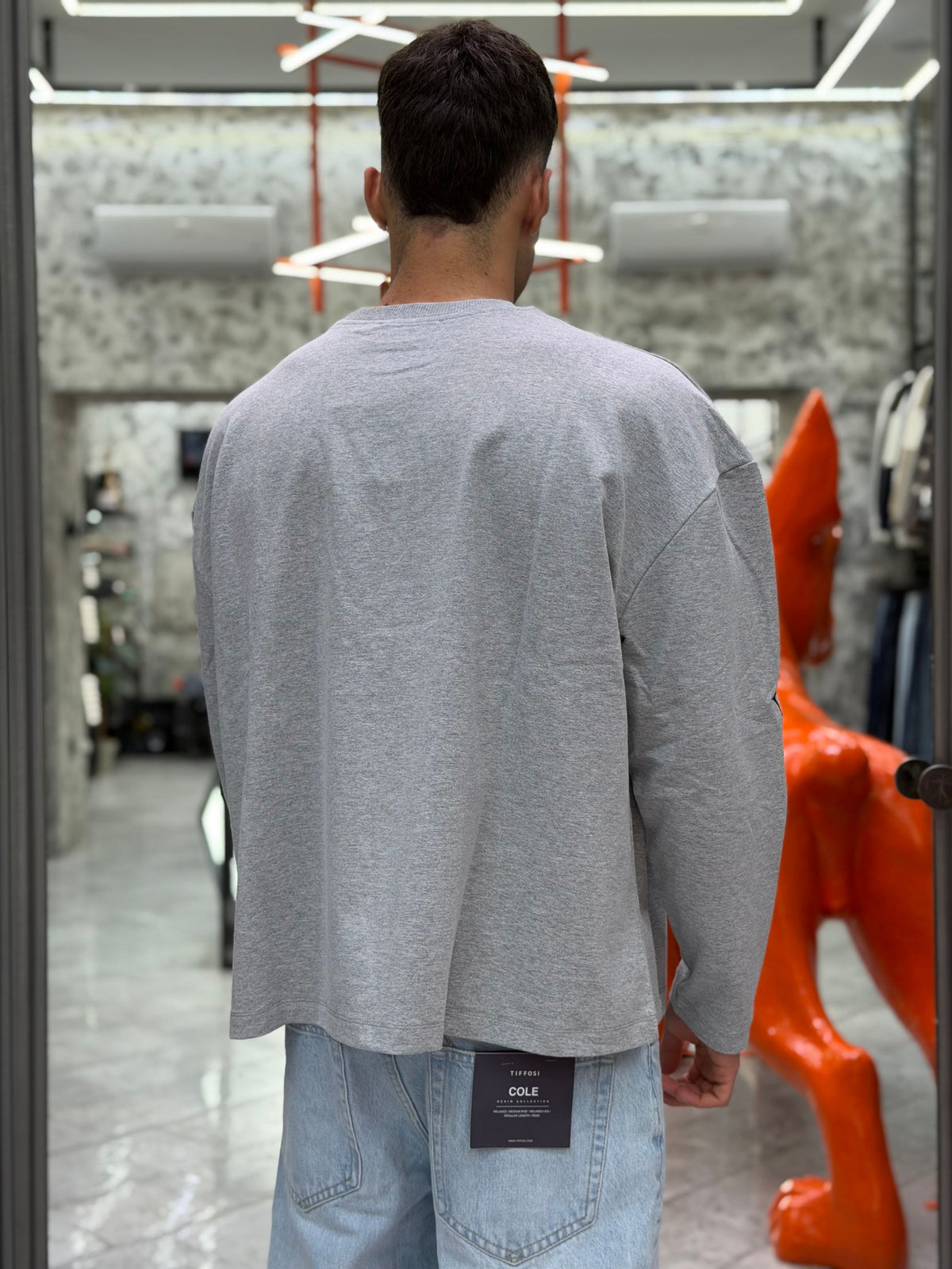 MAGLIA LONG SLEEVE IN FELPA LEGGERA CON RICAMI SULLE BRACCIA - BIG OVERCROP FIT FL004.GRI