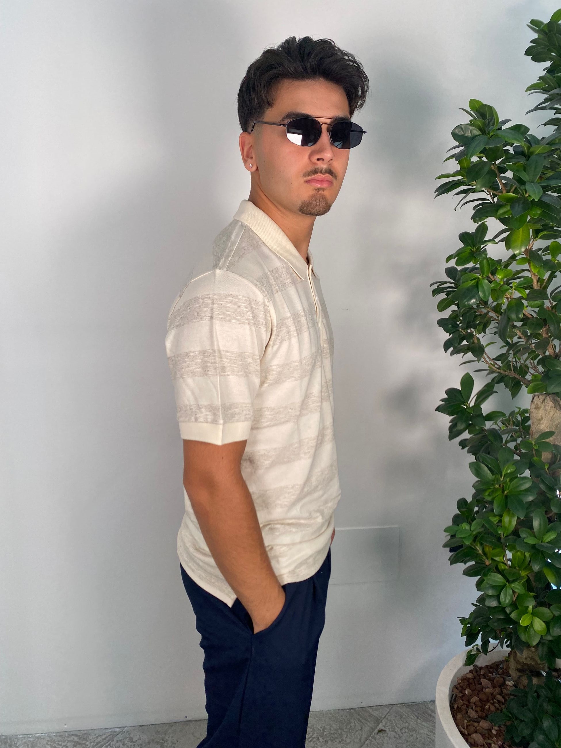 POLO IN MISTO COTONE/LINO A RIGHE LARGHE ORIZZONTALI - REGULAR FIT PE2927SS.BIGE