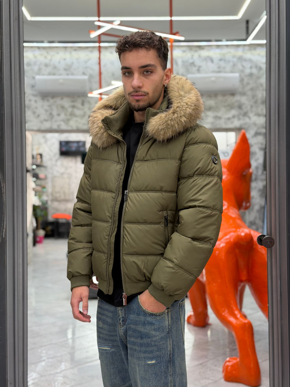 BOMBER IN NYLON CON CAPPUCCIO E COLLO IN ECOPELLICCIA - REGULAR FIT MK2940038.VMIL