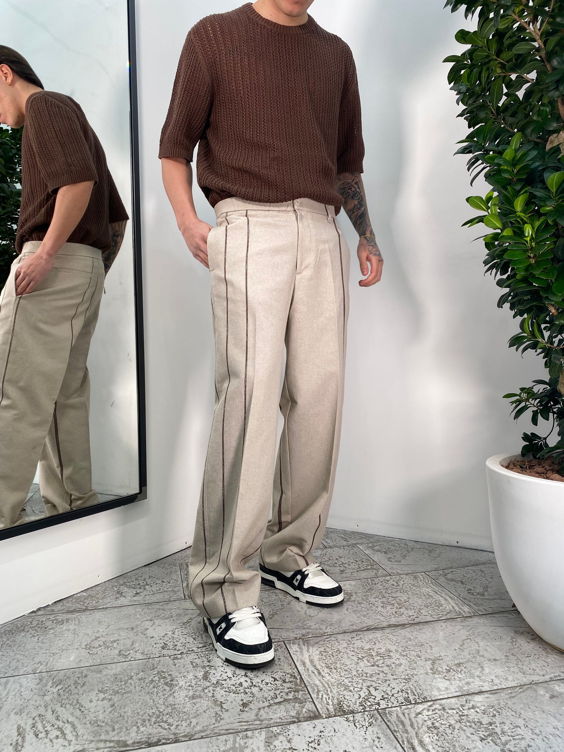 PANTALONE IN MISTO COTONE FONDO AMPIO MOTIVO RIGHE CON ELASTICO - RELAXED FIT PA3241