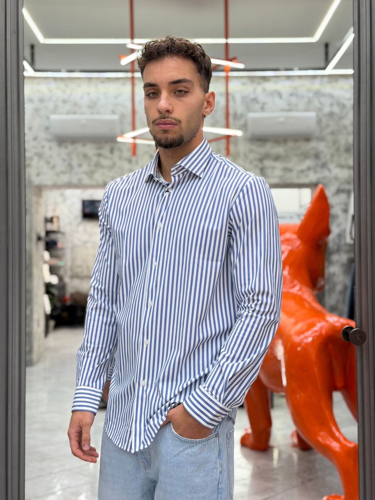 CAMICIA A RIGHE NO STIRO IN TESSUTO PREMIUM ELASTICIZZATO - REGULAR FIT 27W10CA FIO4418.BLU