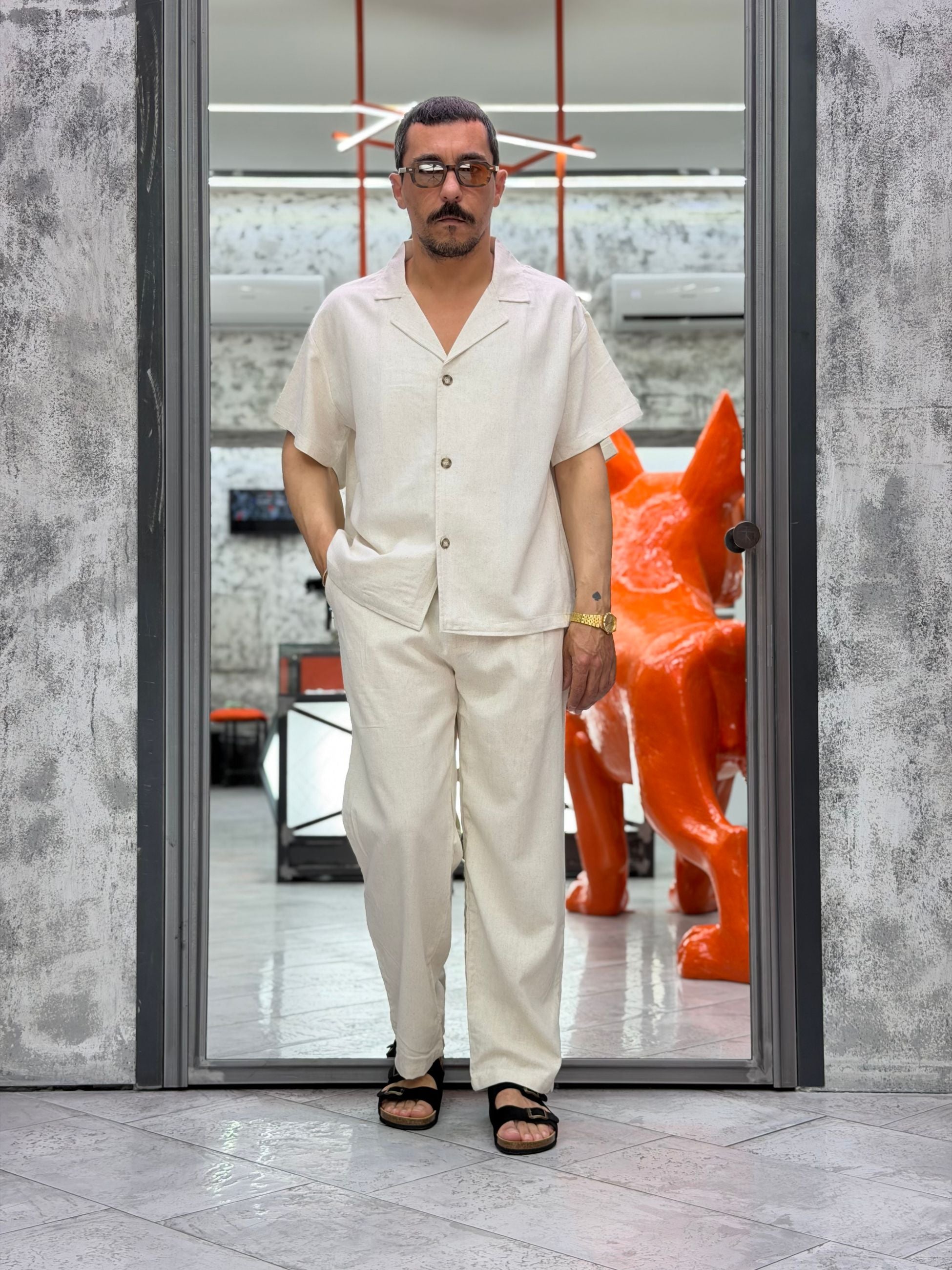 COORDINATO MYKONOS IN MISTO LINO CON CAMICIA CROPPED MANICA CORTA E PANTALONE RELAXED CORMYK.BEI