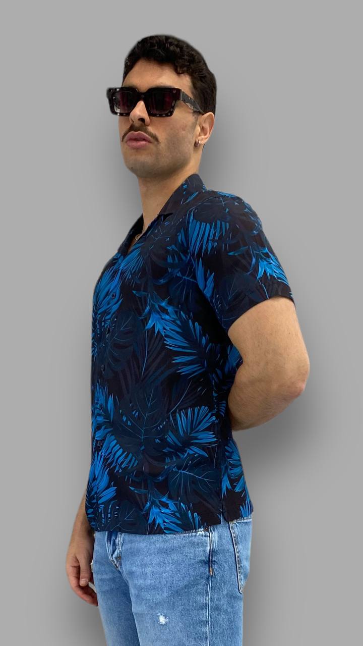 CAMICIA MEZZA MANICA IN VISCOSA SCOLLO BOWLING FANTASIA PALME - REGULAR FIT