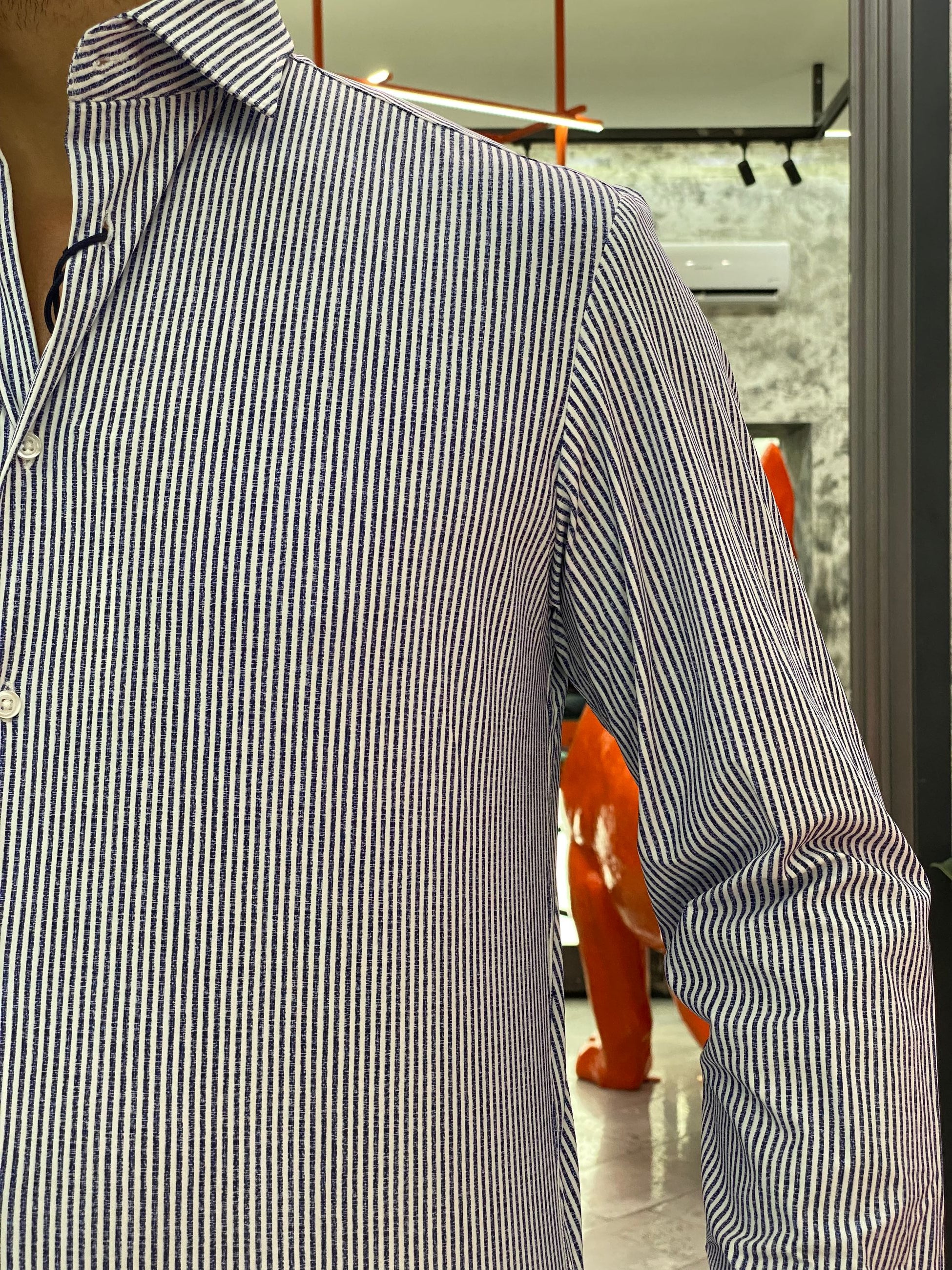 CAMICIA NO STIRO IN TESSUTO PREMIUM FANTASIA RIGHE FIAMMATE - REGULAR FIT FIO3042NY.BLU