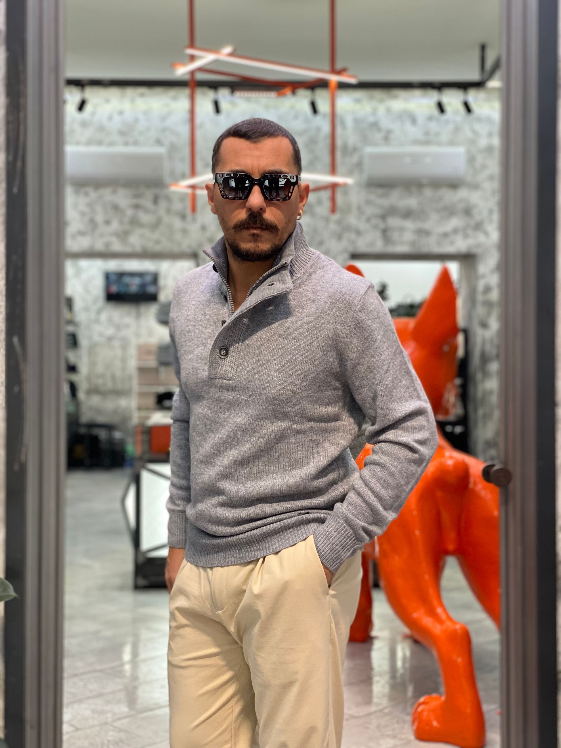 MAGLIA MEZZA ZIP CON BOTTONI IN MISTO LANA - REGULAR FIT GL35078-F25.GRI