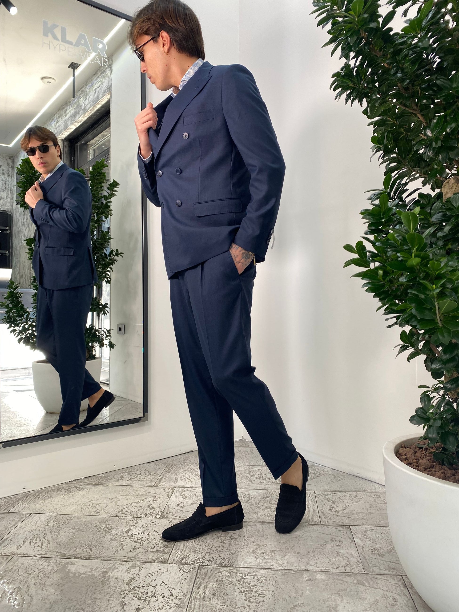 ABITO COMPLETO GIACCA DOPPIOPETTO E PANTALONE IN TESSUTO EFFETTO FIAMMATO - REGULR FIT ABE45SS.BLU