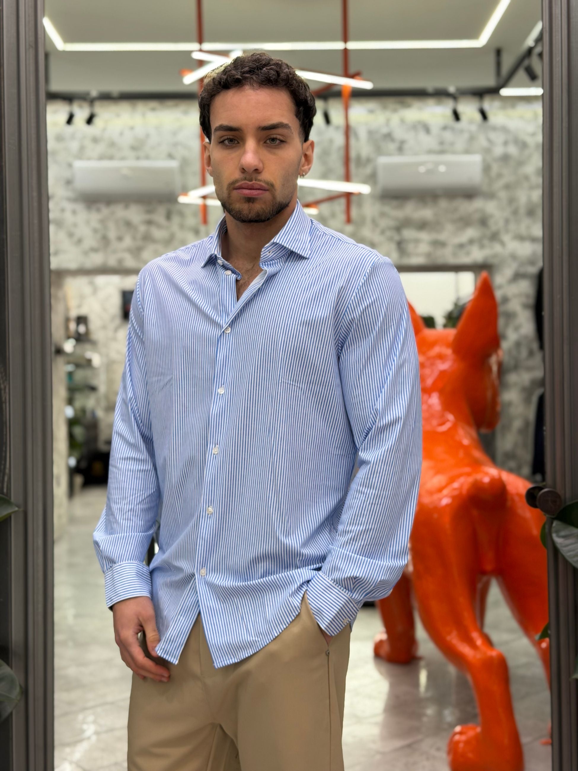CAMICIA NO STIRO IN TESSUTO PREMIUM FANTASIA RIGHE FIAMMATE - REGULAR FIT FIO3042NY.AZZ