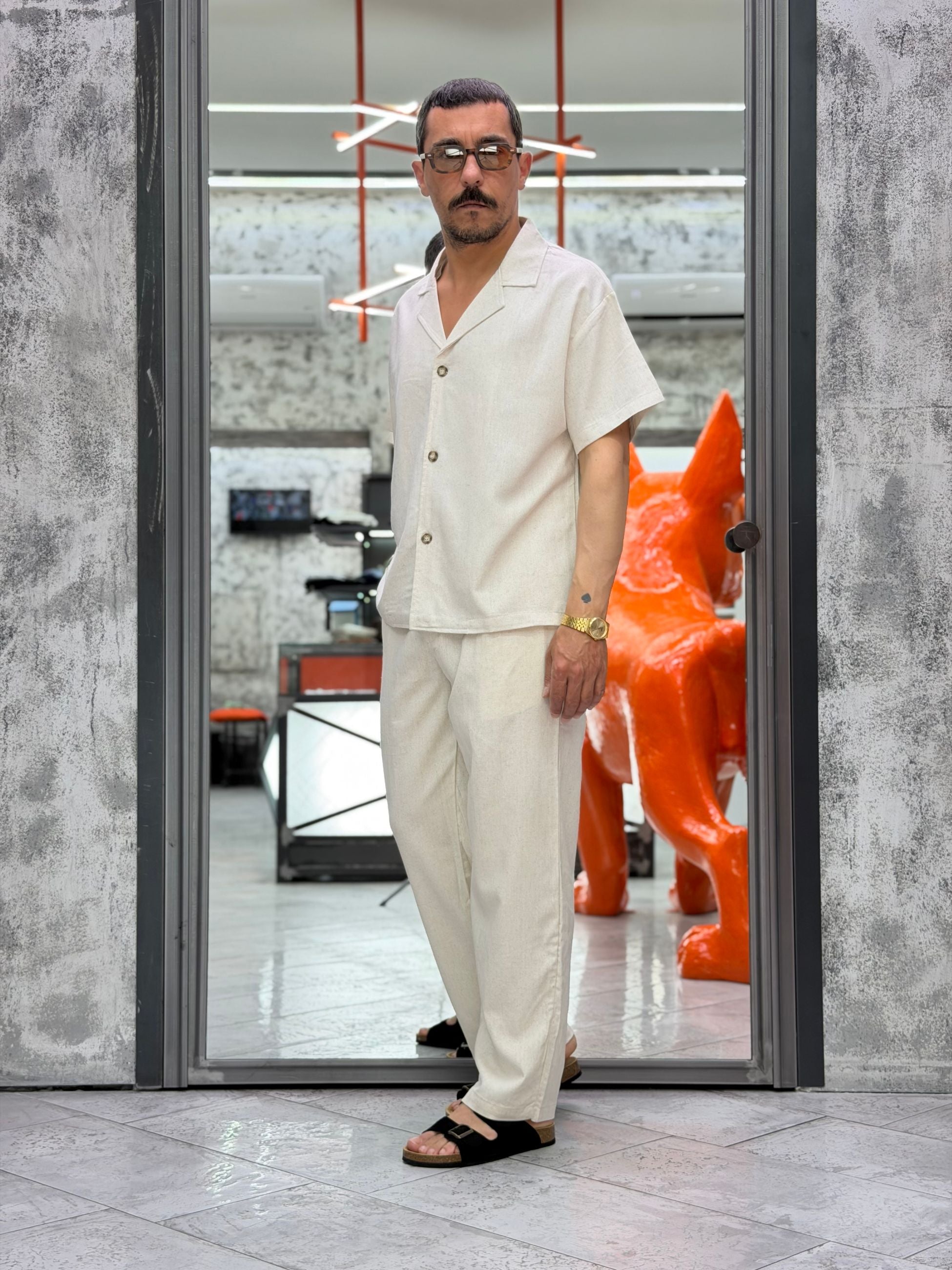COORDINATO MYKONOS IN MISTO LINO CON CAMICIA CROPPED MANICA CORTA E PANTALONE RELAXED CORMYK.BEI