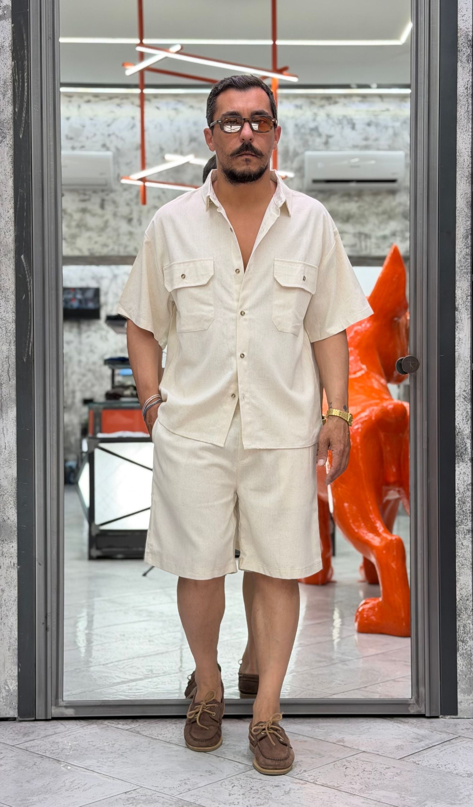 COORDINATO SANTORINI IN MISTO LINO CON CAMICIA TEXANA MANICA CORTA E BERMUDA MEZZO ELASTICO RELAXED FIT CORSAN.AVO