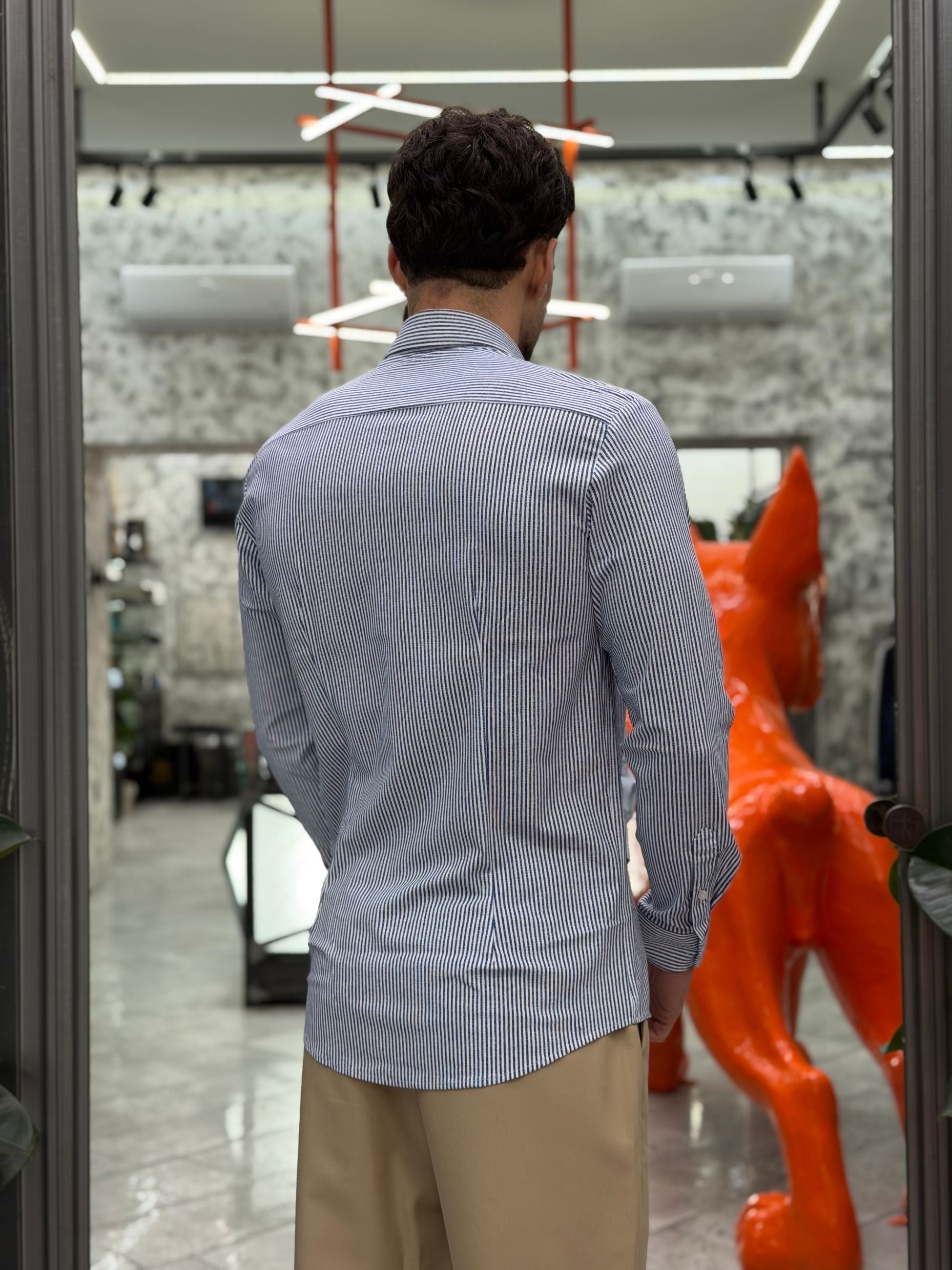 CAMICIA NO STIRO IN TESSUTO PREMIUM FANTASIA RIGHE FIAMMATE - REGULAR FIT FIO3042NY.BLU