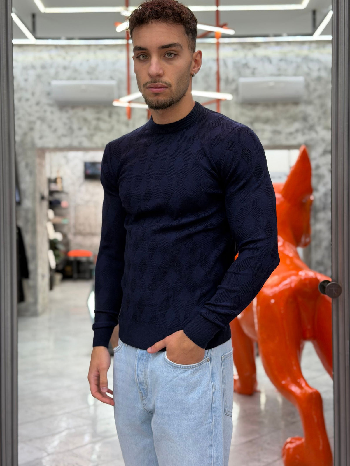 MAGLIA GIROCOLLO IN MISTO LANA CON TRAMA ROMBI - REGULAR FIT MI3353SS.BLU