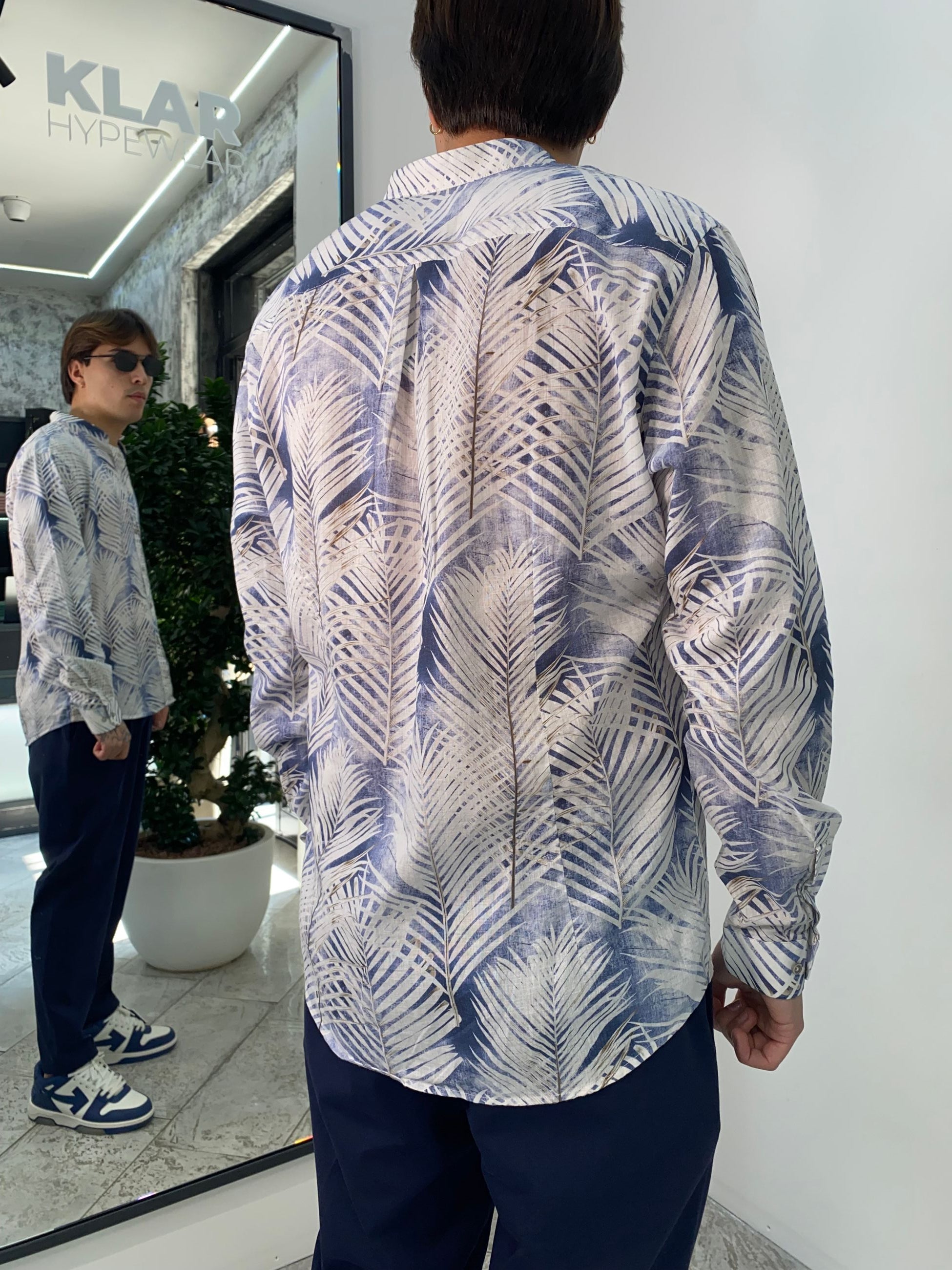 CAMICIA COREANA FANTASIA IN MISTO LINO/COTONE - REGULAR FIT FIOLIN528.LTBLUE