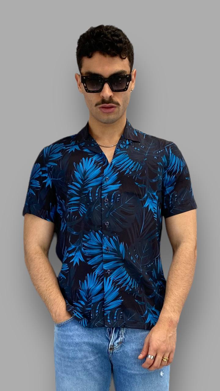 CAMICIA MEZZA MANICA IN VISCOSA SCOLLO BOWLING FANTASIA PALME - REGULAR FIT