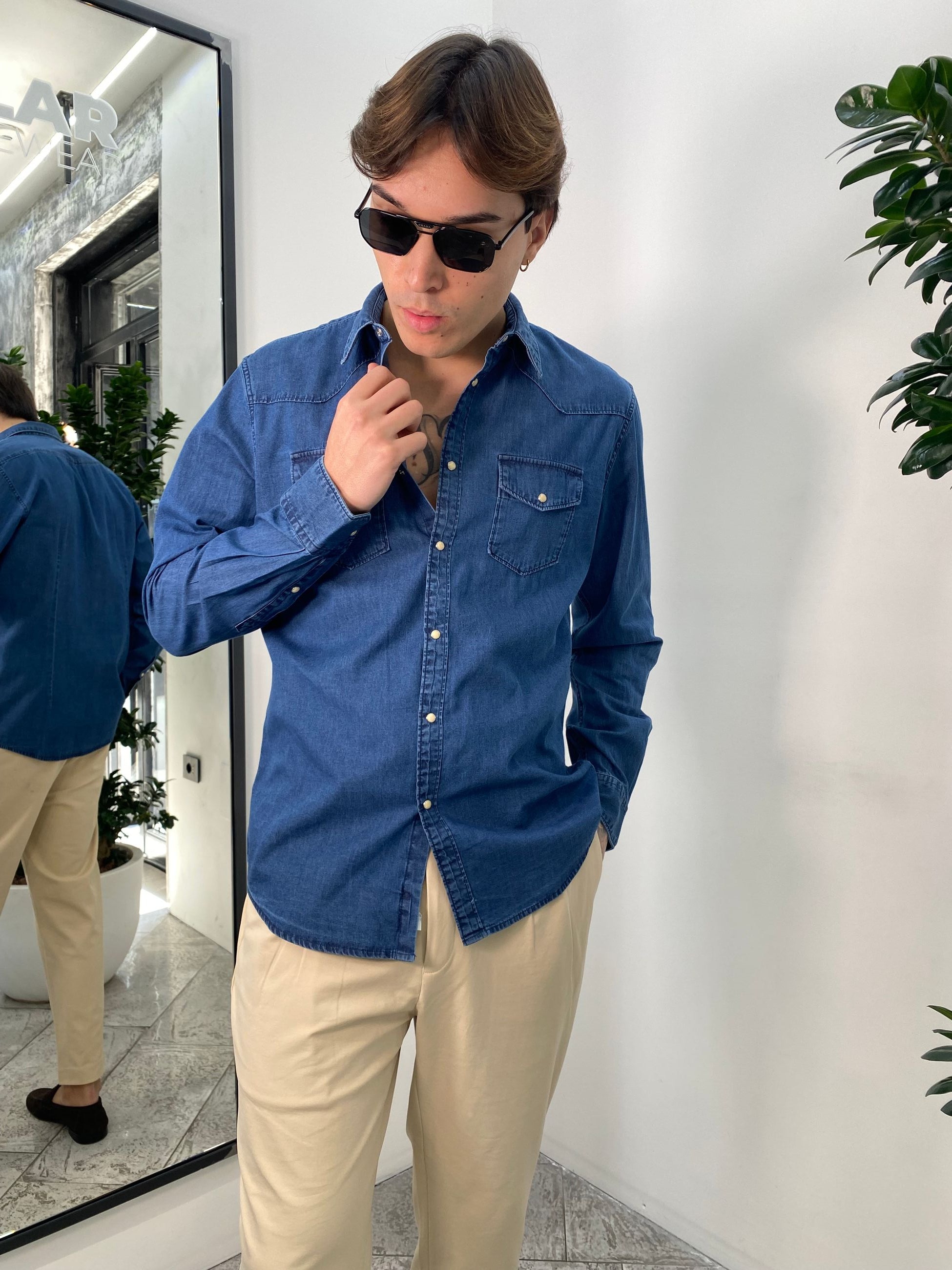 CAMICIA TEXANA IN DENIM FISSO CON BOTTONI AUTOMATICI IN MADREPERLA - SLIM FIT 1030A-S-JEANS