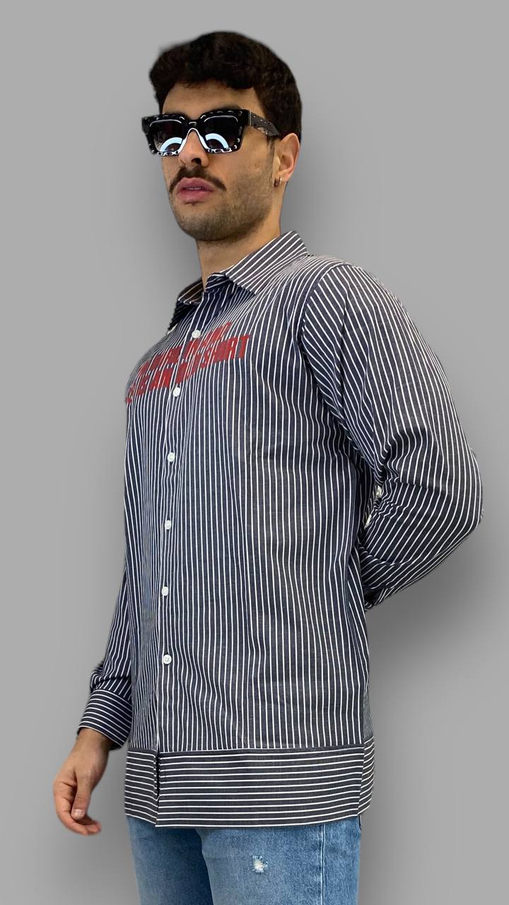 CAMICIA LUNGA A RIGHE CON SCRITTA FRONTALE "I'M VIRGIN AND THIS IS AN OLD SHIRT" - OVER FIT