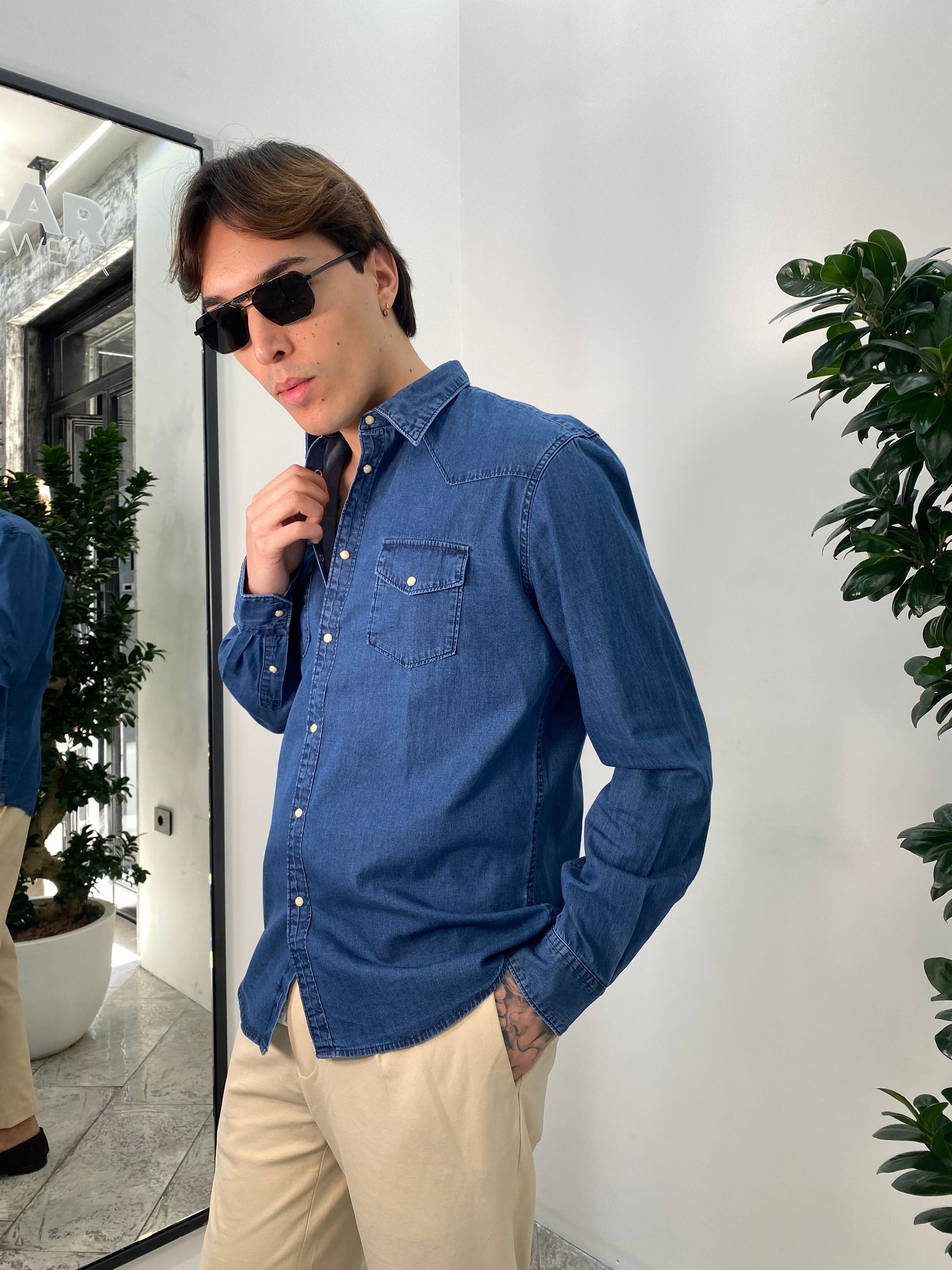 CAMICIA TEXANA IN DENIM FISSO CON BOTTONI AUTOMATICI IN MADREPERLA - SLIM FIT 1030A-S-JEANS