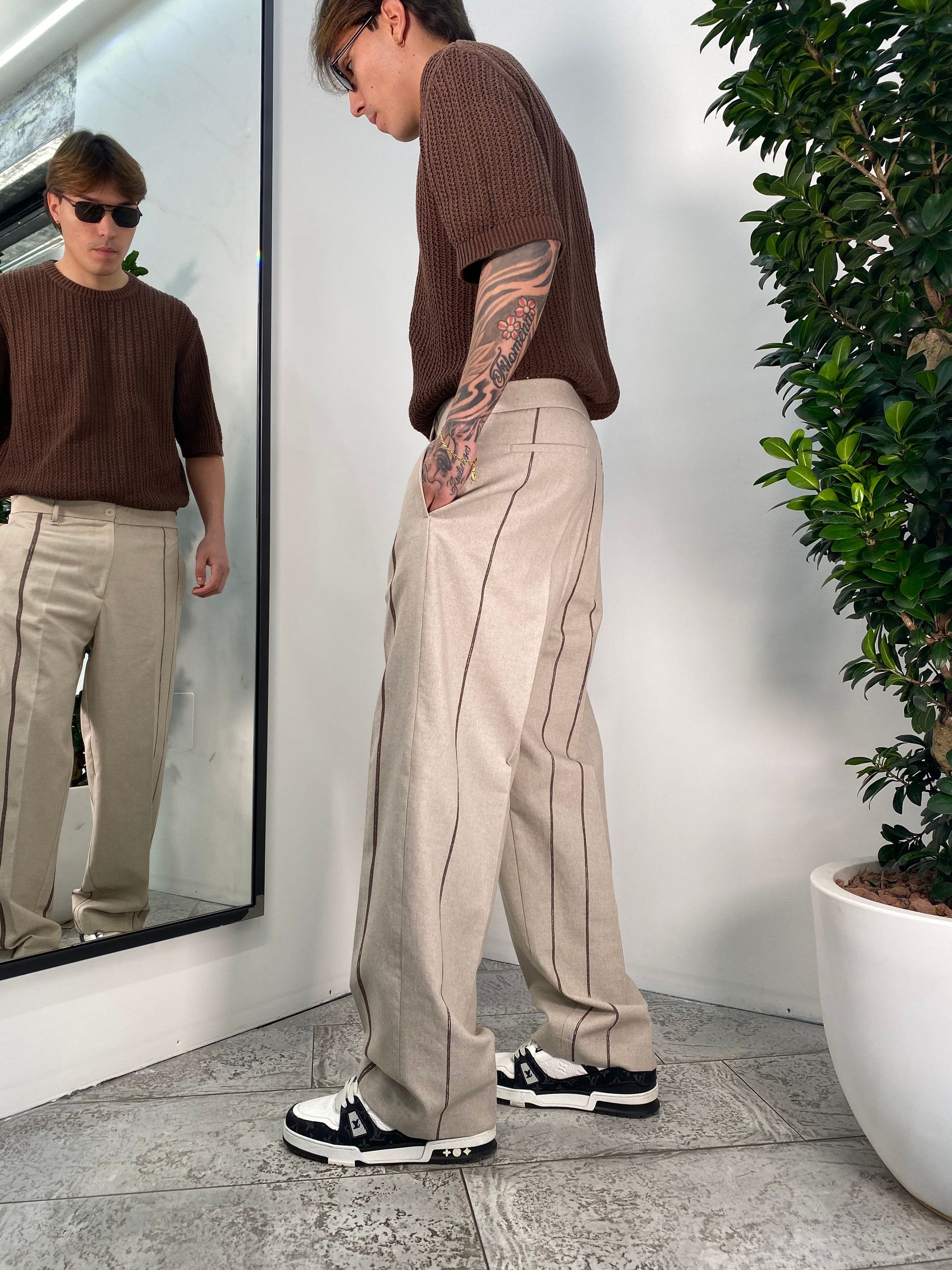 PANTALONE IN MISTO COTONE FONDO AMPIO MOTIVO RIGHE CON ELASTICO - RELAXED FIT PA3241