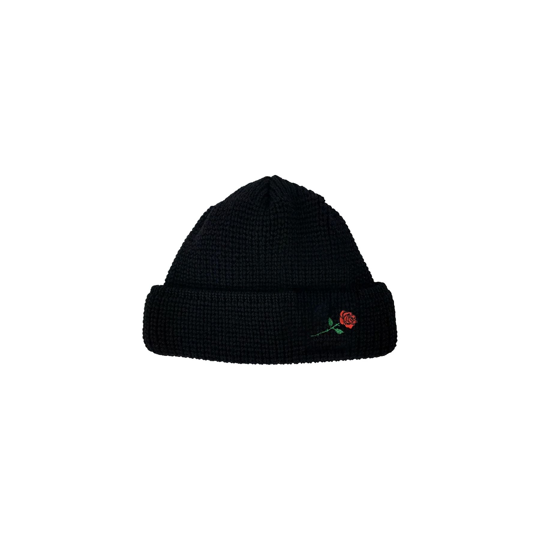BERRETTO CORTO UNISEX IN LANA CON RICAMO ROSA