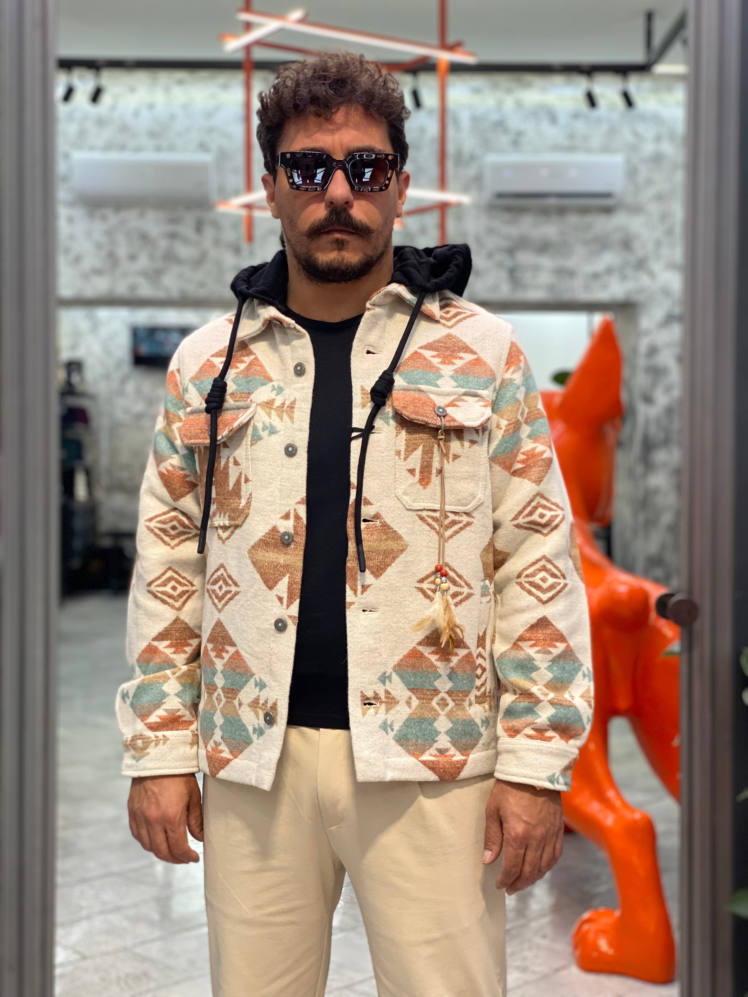 OVERSHIRT AZTECO IN MISTO COTONE CON COLLETTO CLASSICO E CAPPUCCIO REMOVIBILE - REGULAR FIT M252276-30