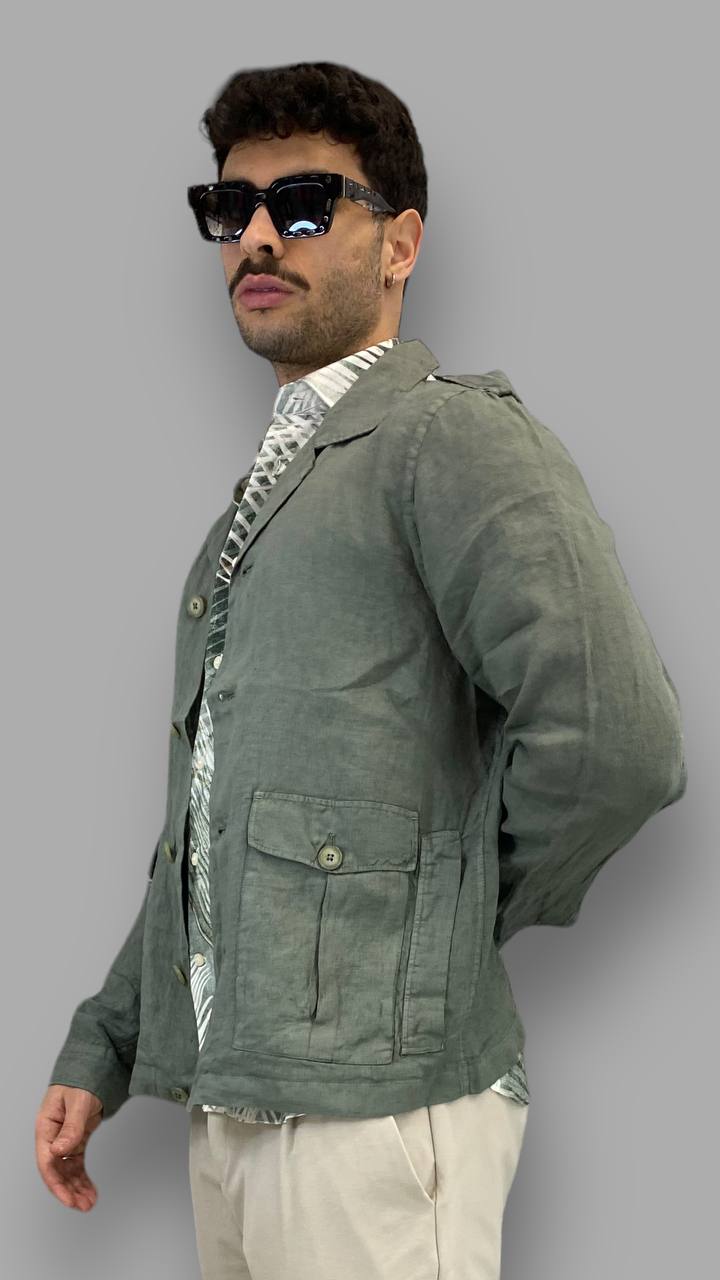 GIACCA CAMICIA IN PREGIATO LINO CON TASCHE A TOPPA - REGULAR FIT