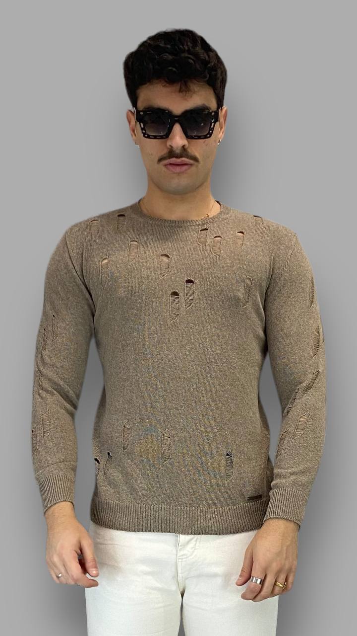 MAGLIA GIROCOLLO IN FILO CON ABRASIONI - SLIM FIT