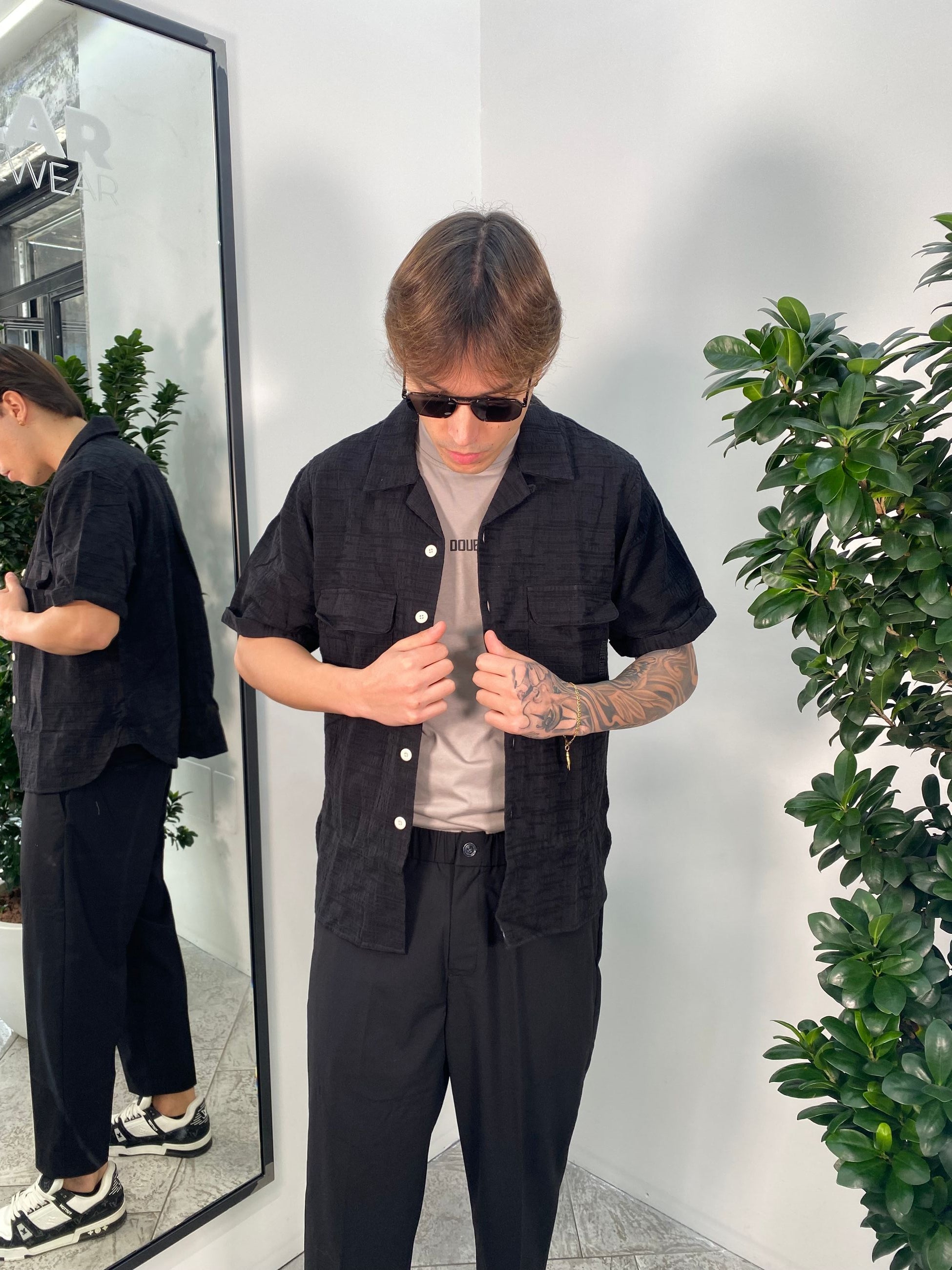 CAMICIA MANICA CORTA STRUTTURATA CON TASCONI IN MISTO COTONE/LINO - OVER FIT GLW7816S.NER