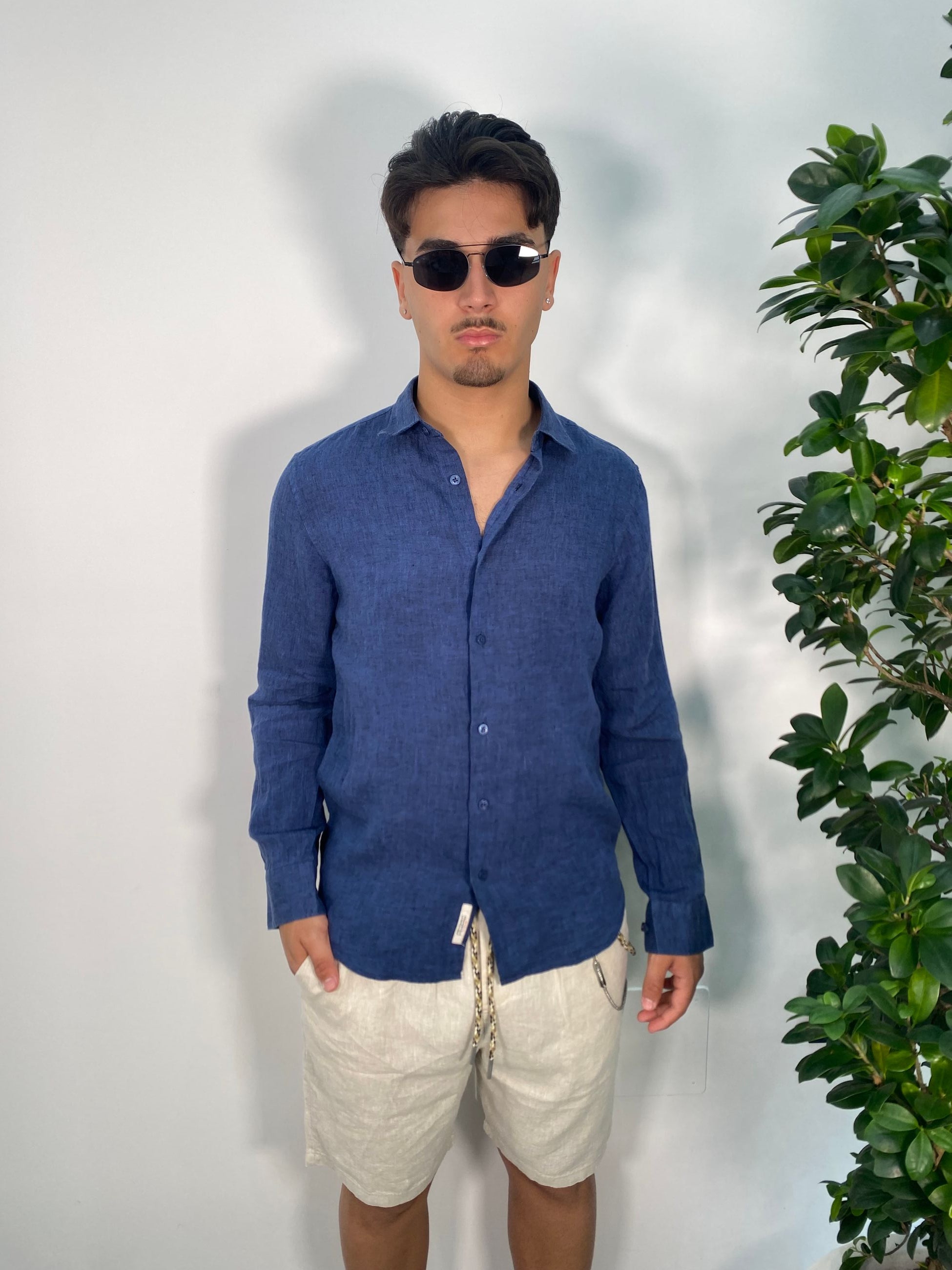 CAMICIA IN LINO FIAMMATO COLLO ALL'ITALIANA - REGULAR FIT GL7732S-S25.BLU