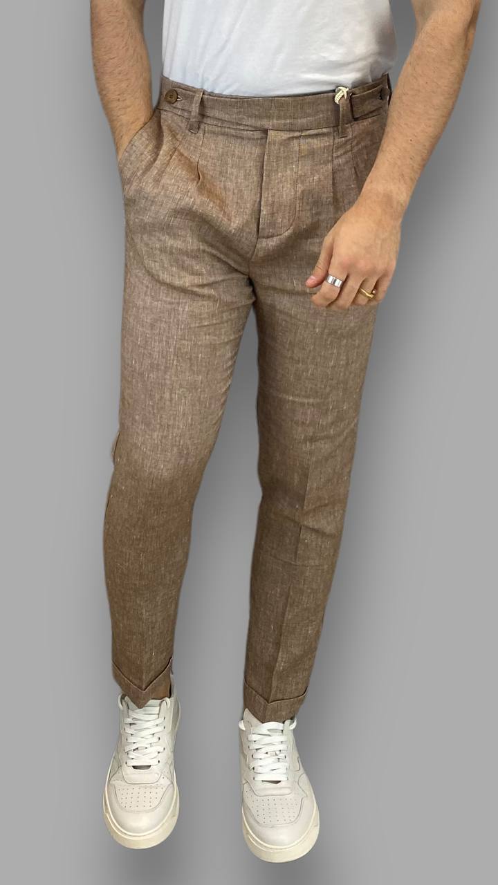PANTALONE SARTORIALE IN MISTO LINO CON ABBOTTONATURA LATERALE - REGULAR FIT