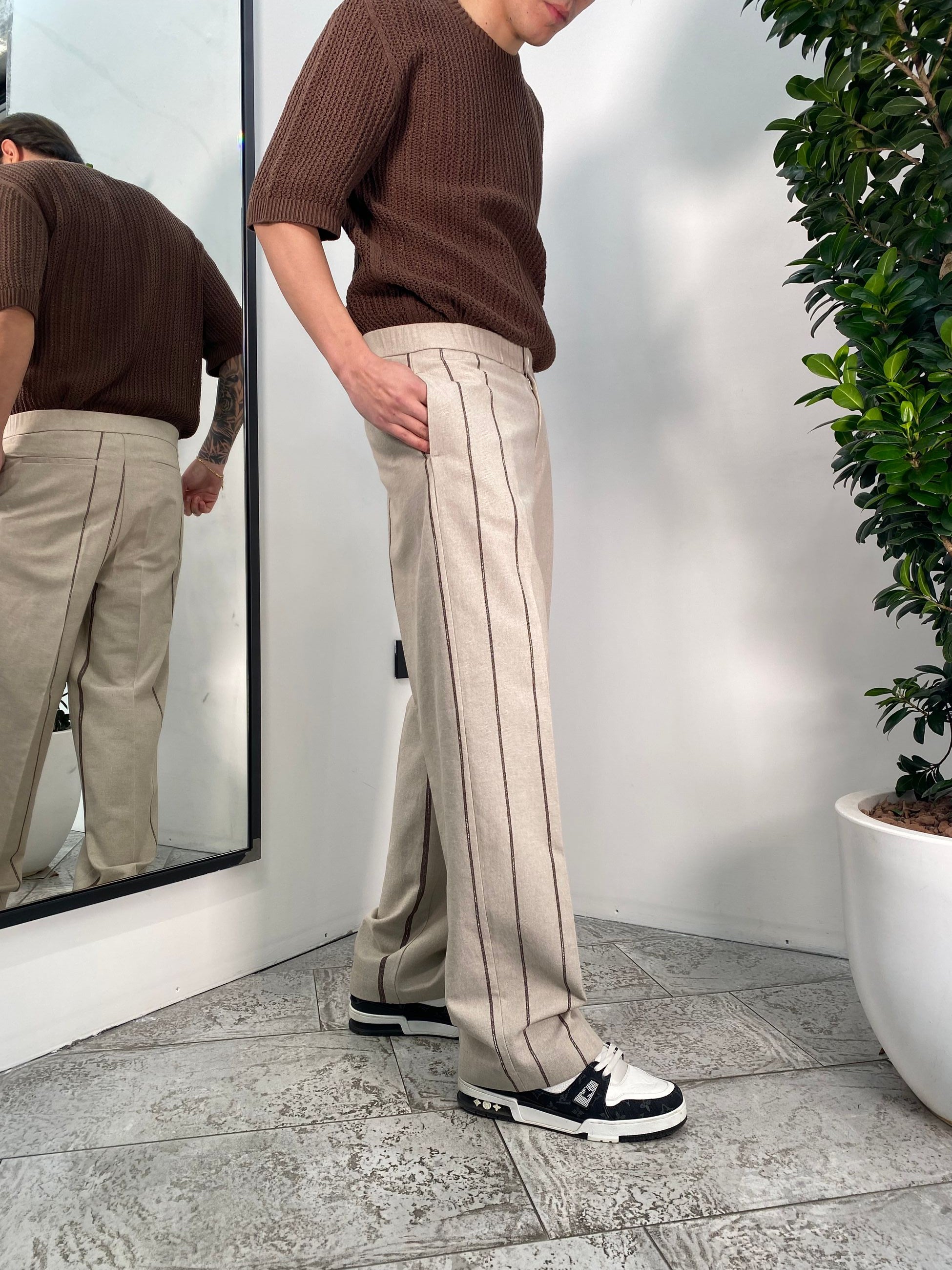 PANTALONE IN MISTO COTONE FONDO AMPIO MOTIVO RIGHE CON ELASTICO - RELAXED FIT PA3241
