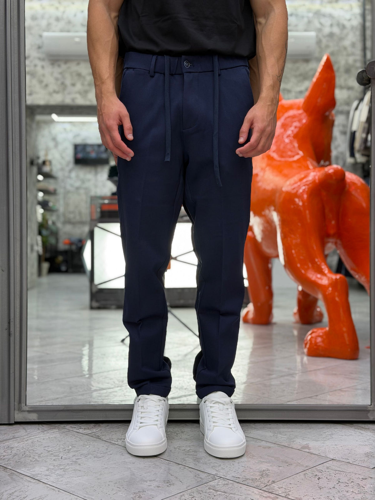 PANTALONE CASUAL IN TESSUTO PUNTO MILANO ELASTICIZZATO CON TASCA AMERICA E RISVOLTO AL FONDO - REGULAR FIT GL5248BD.BLU