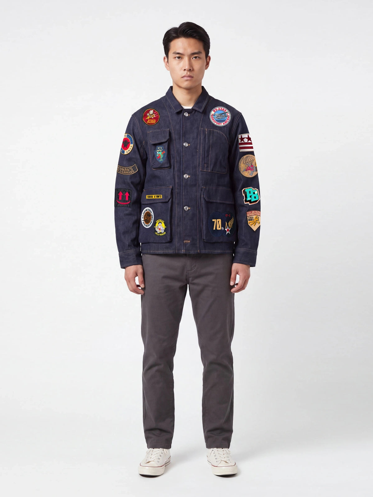 OVERSHIRT IN JEANS DARK WASH CON MAXI TASCHE FRONTALI E PATCH APPLICATE ALLOVER - REGULAR FIT M-262385