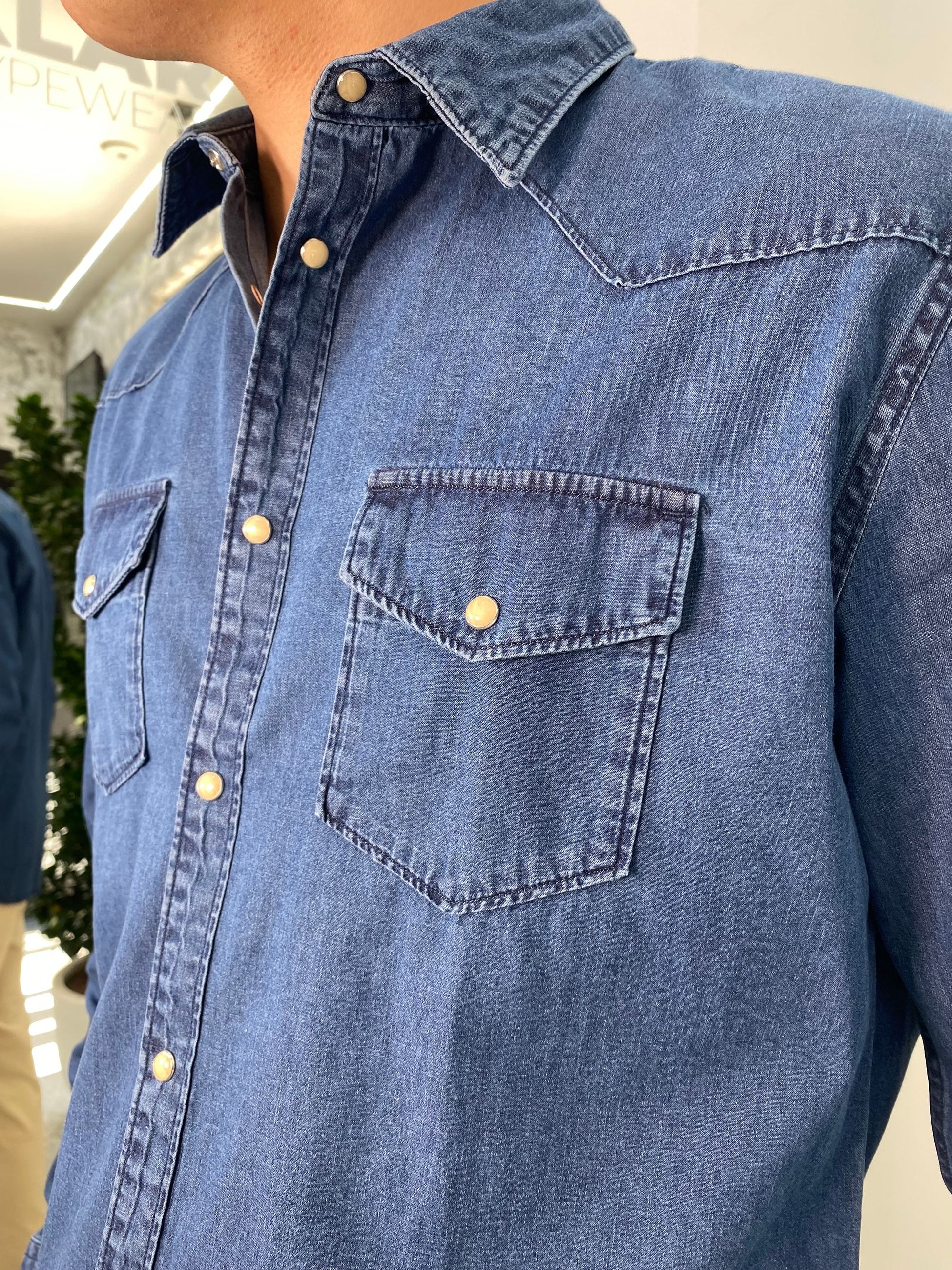 CAMICIA TEXANA IN DENIM FISSO CON BOTTONI AUTOMATICI IN MADREPERLA - SLIM FIT 1030A-S-JEANS
