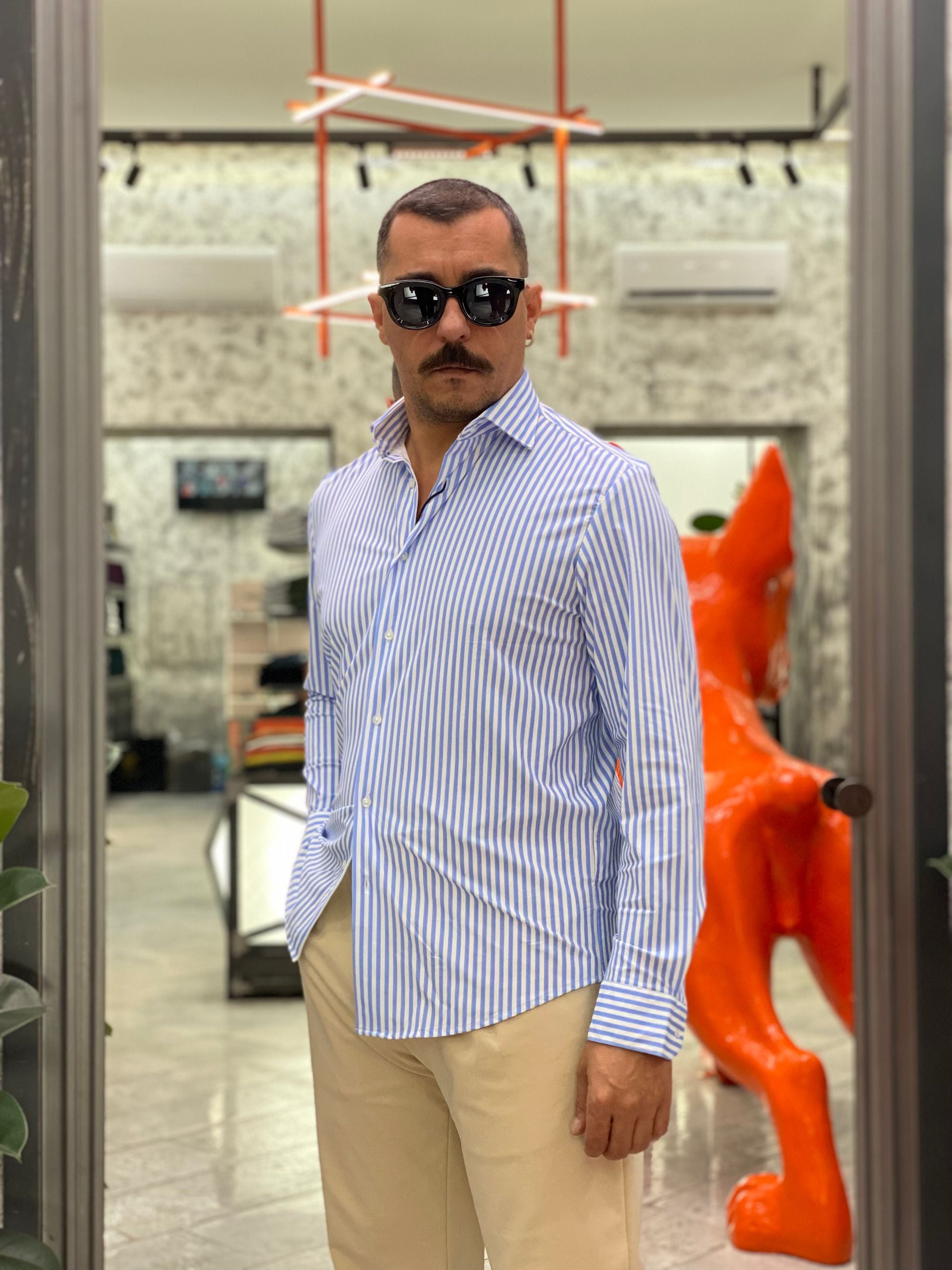 CAMICIA NO STIRO IN TESSUTO PREMIUM FANTASIA RIGHE SPIGATE - REGULAR FIT FIO3044NY.AZZ