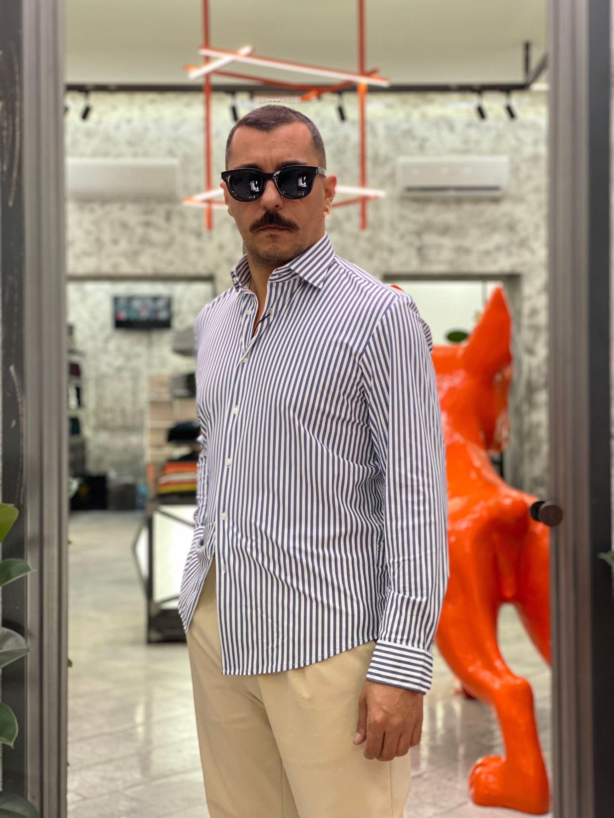 CAMICIA NO STIRO IN TESSUTO PREMIUM FANTASIA RIGHE SPIGATE - REGULAR FIT FIO3044NY.BLU